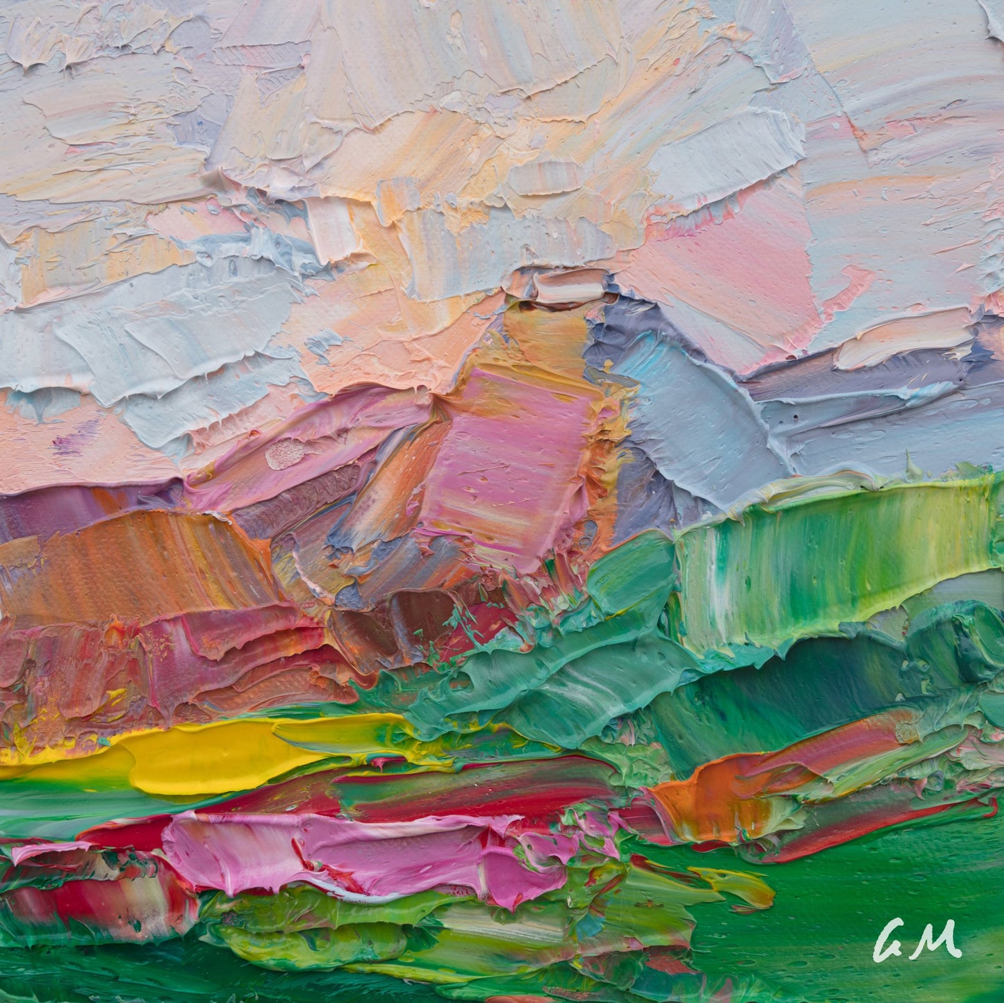 Abstract landscape oil painting on canvas, 6x6 in, unframed, featuring textured brushwork in green, pink, and white hues with artist initials AM