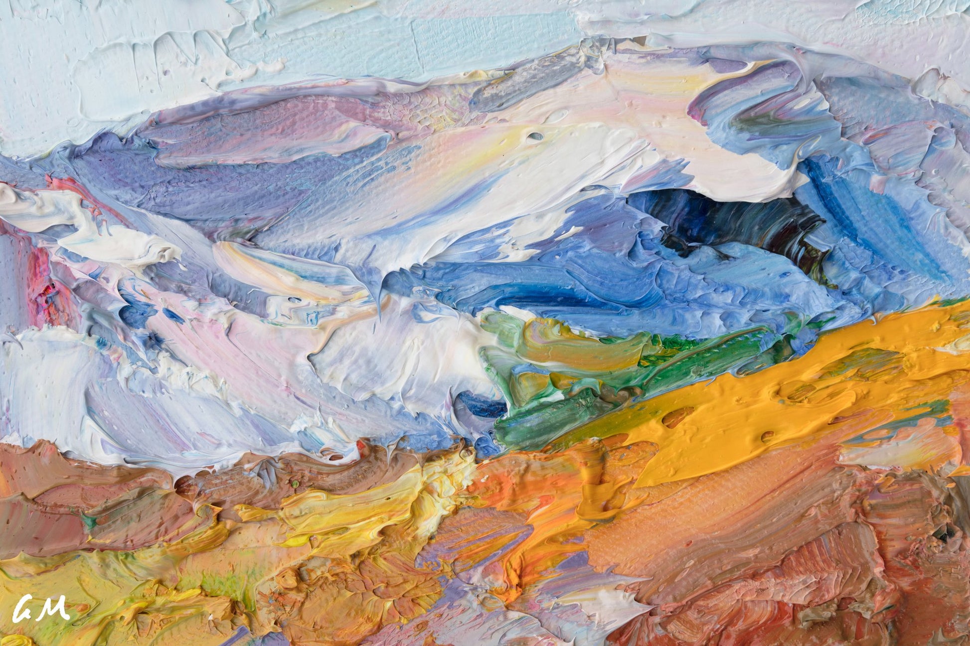 Hand-painted abstract landscape in oil on canvas, featuring bold blue, yellow, and white hues with textured brushwork, unframed and displayed flat on a neutral surface.