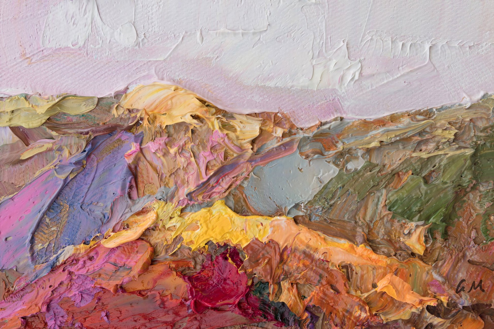 Abstract oil painting of a mountain landscape with bold red, yellow, purple, and green hues, textured brushwork, unframed on canvas