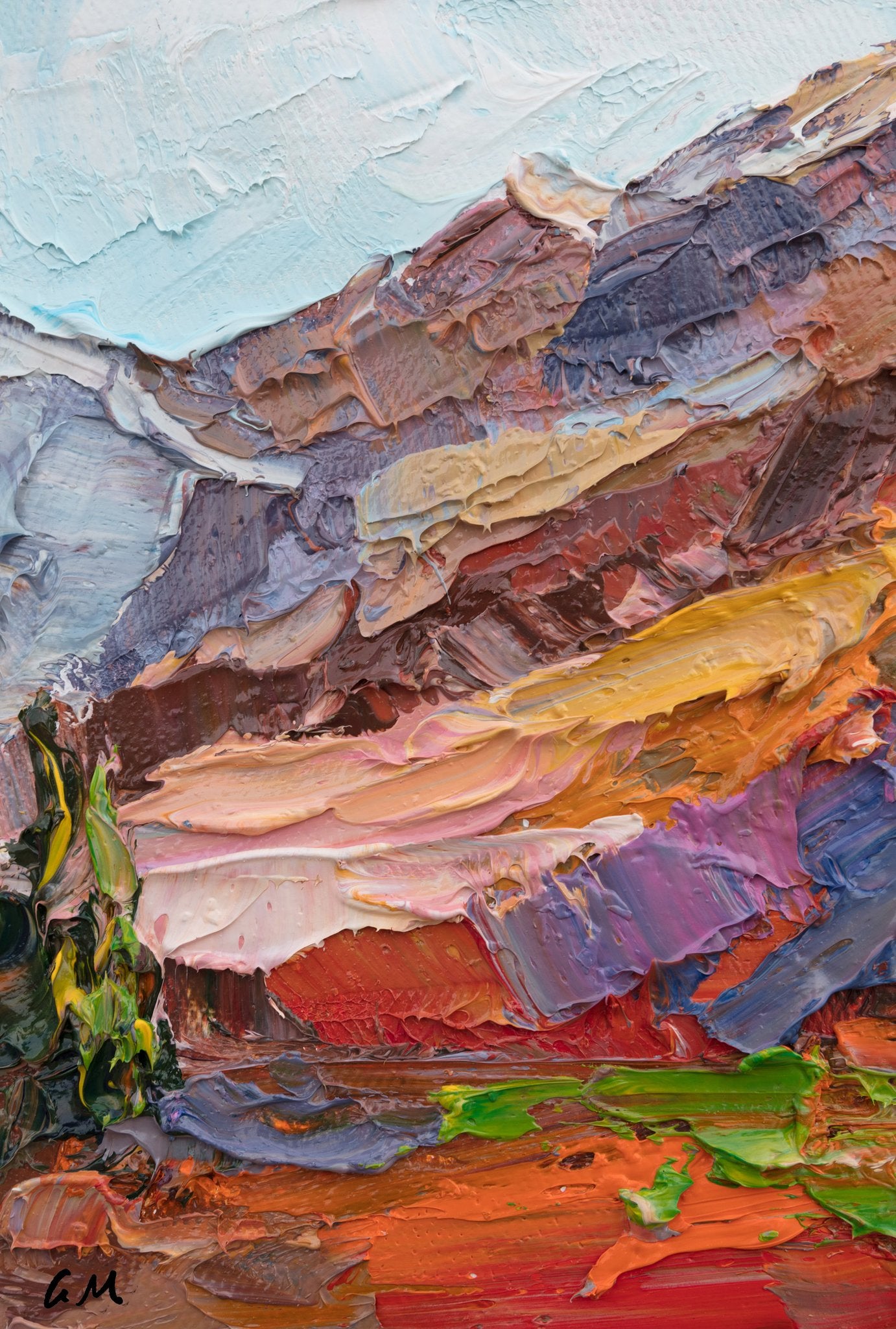 Vertical oil painting of a vibrant canyon landscape with textured brushwork in red, orange, and blue hues, unframed on canvas