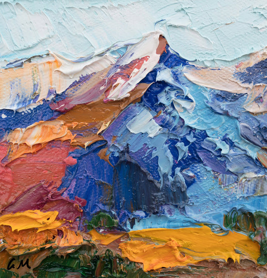 Abstract mountain landscape oil painting with bold blue, red, and yellow textures on canvas, unframed, signed by artist