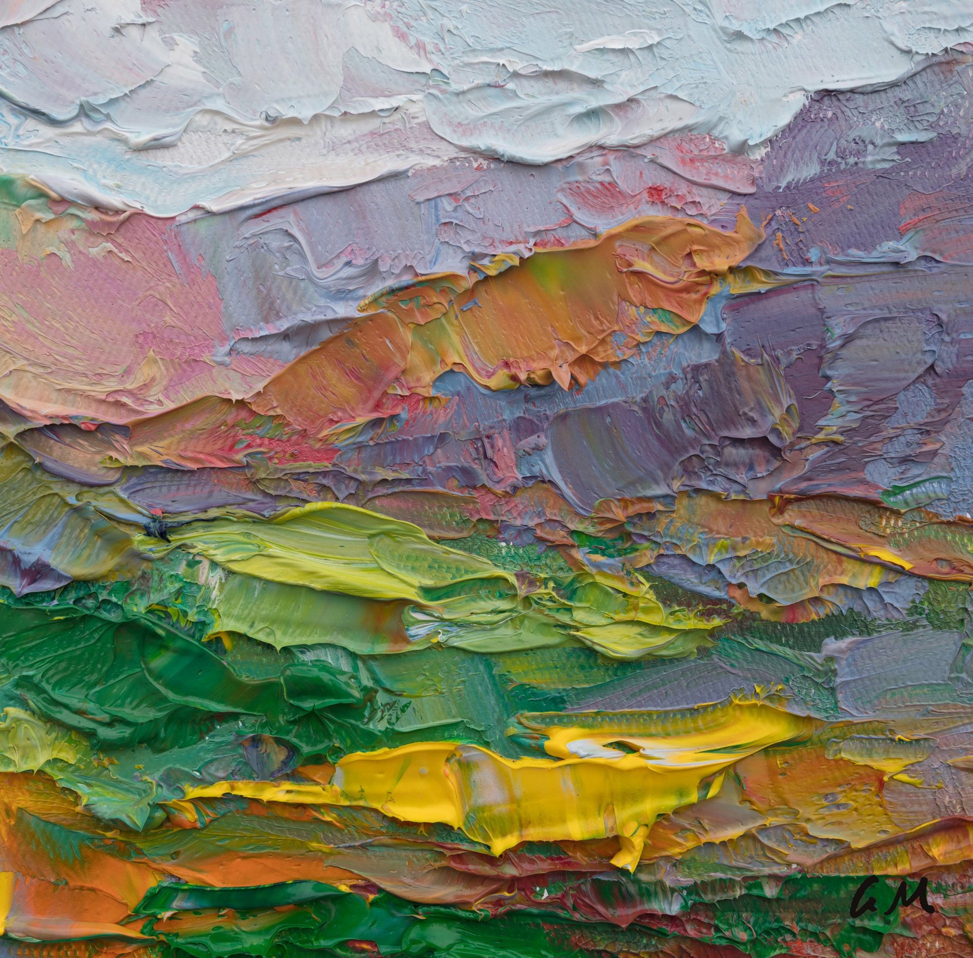 Unframed oil painting with thick impasto texture, vibrant greens, yellows, and blues in abstract landscape composition on canvas