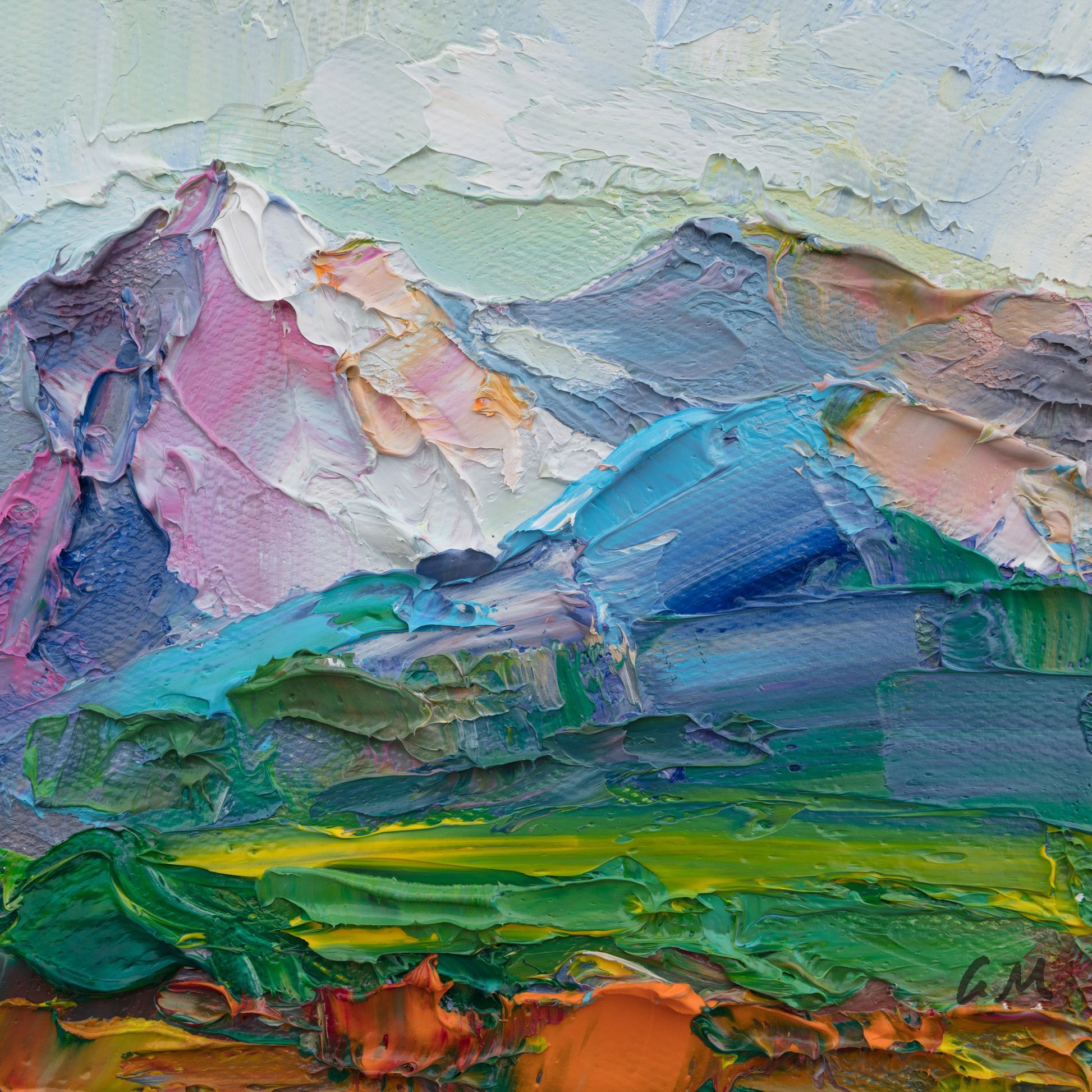 Palette knife oil painting of a mountain landscape with textured peaks in pink, blue, and green, unframed on canvas