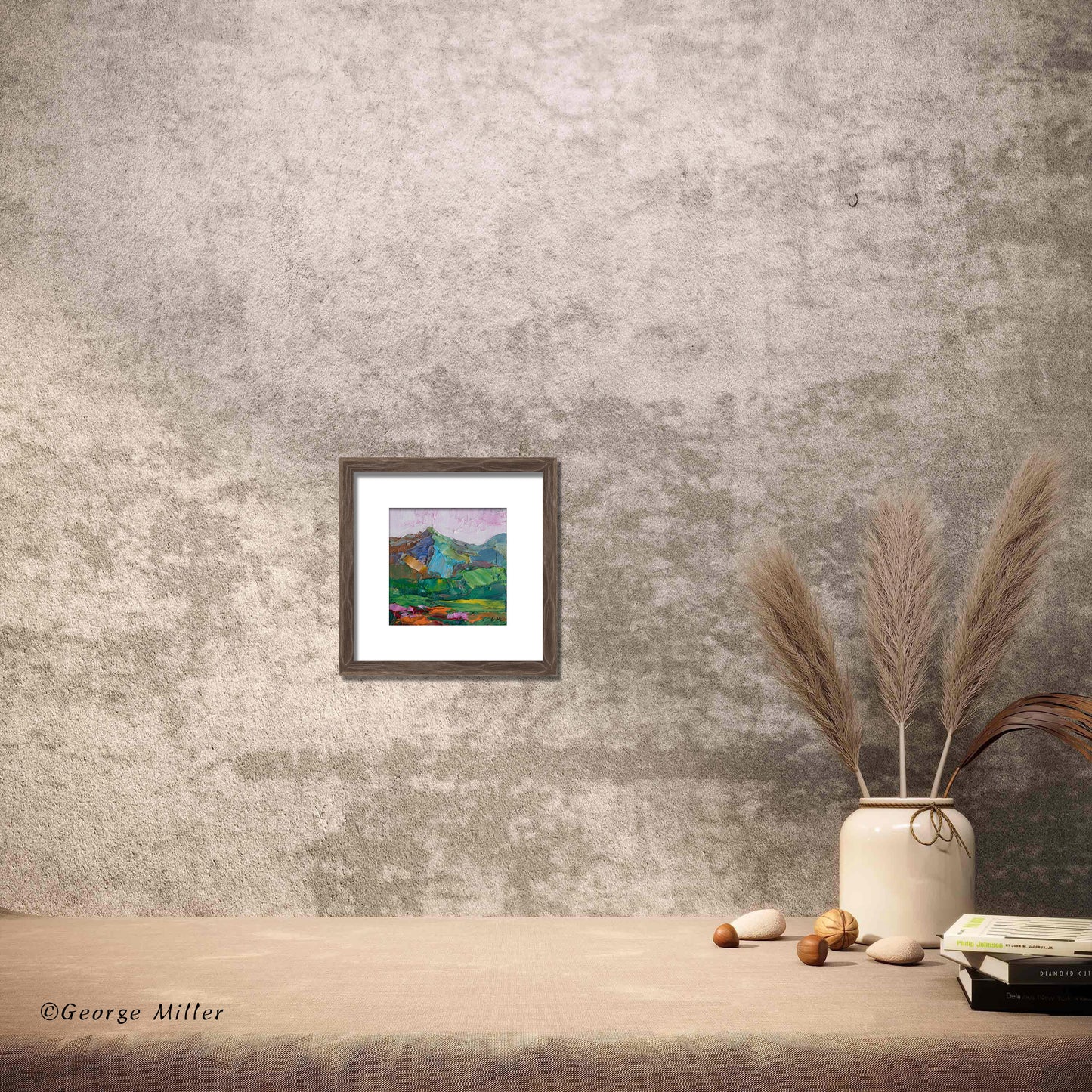 Original Abstract Mountain Landscape, "Majesty in Emerald and Rose," Textured Impasto Painting