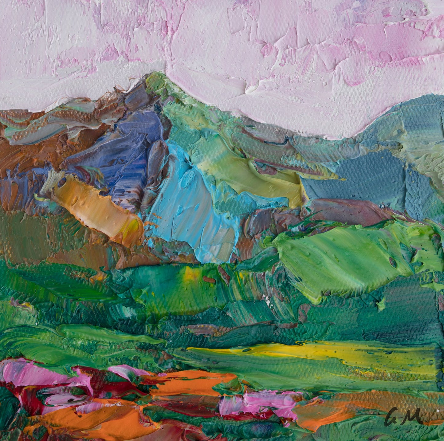 Hand-painted mountain landscape in vibrant greens, blues, and pinks on canvas; thick impasto oil brushwork; unframed, displayed flat on neutral surface