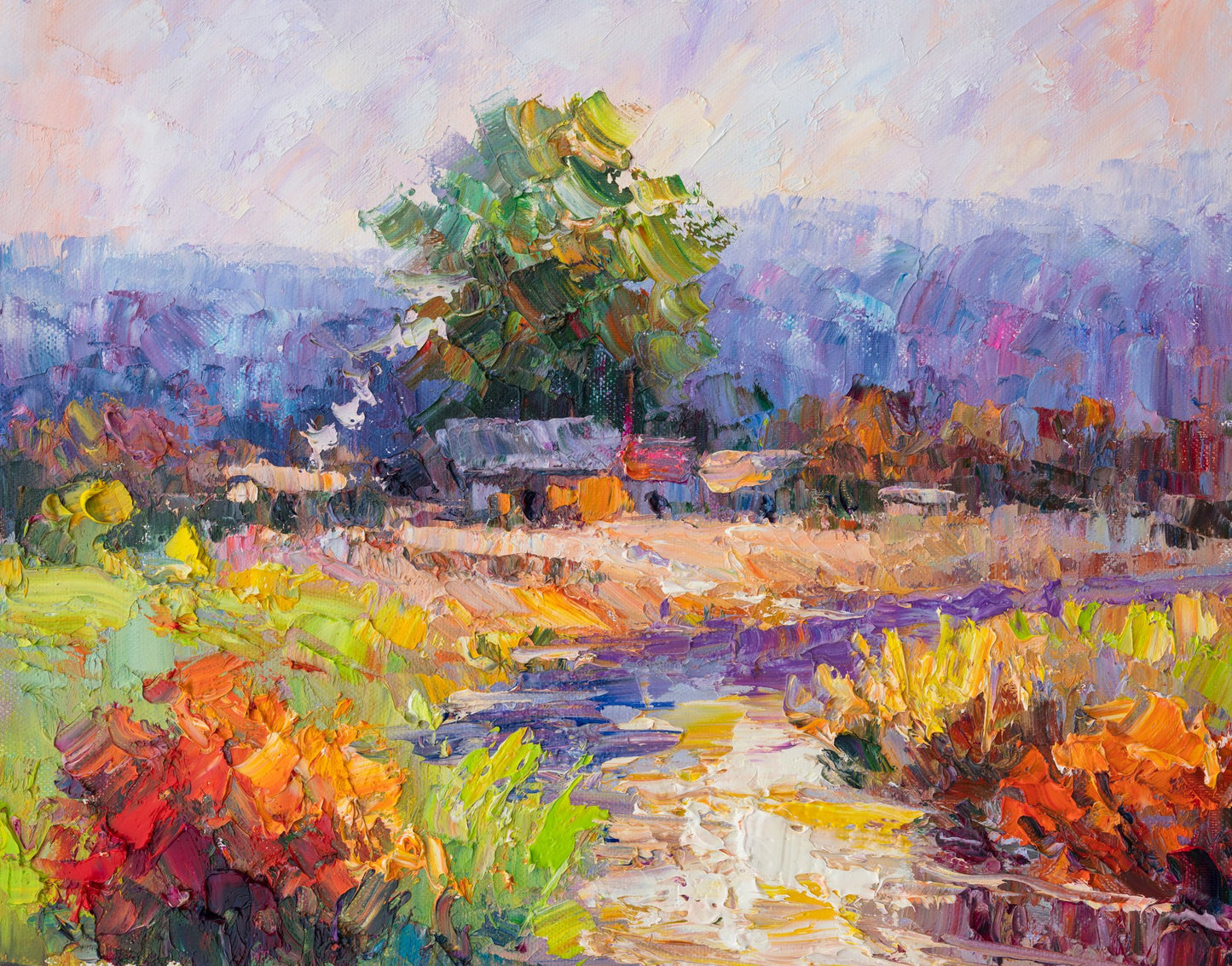 Impasto oil painting of a vibrant garden pathway with textured brushwork, featuring green trees, orange flowers, and a blue stream under a soft sky, unframed on canvas