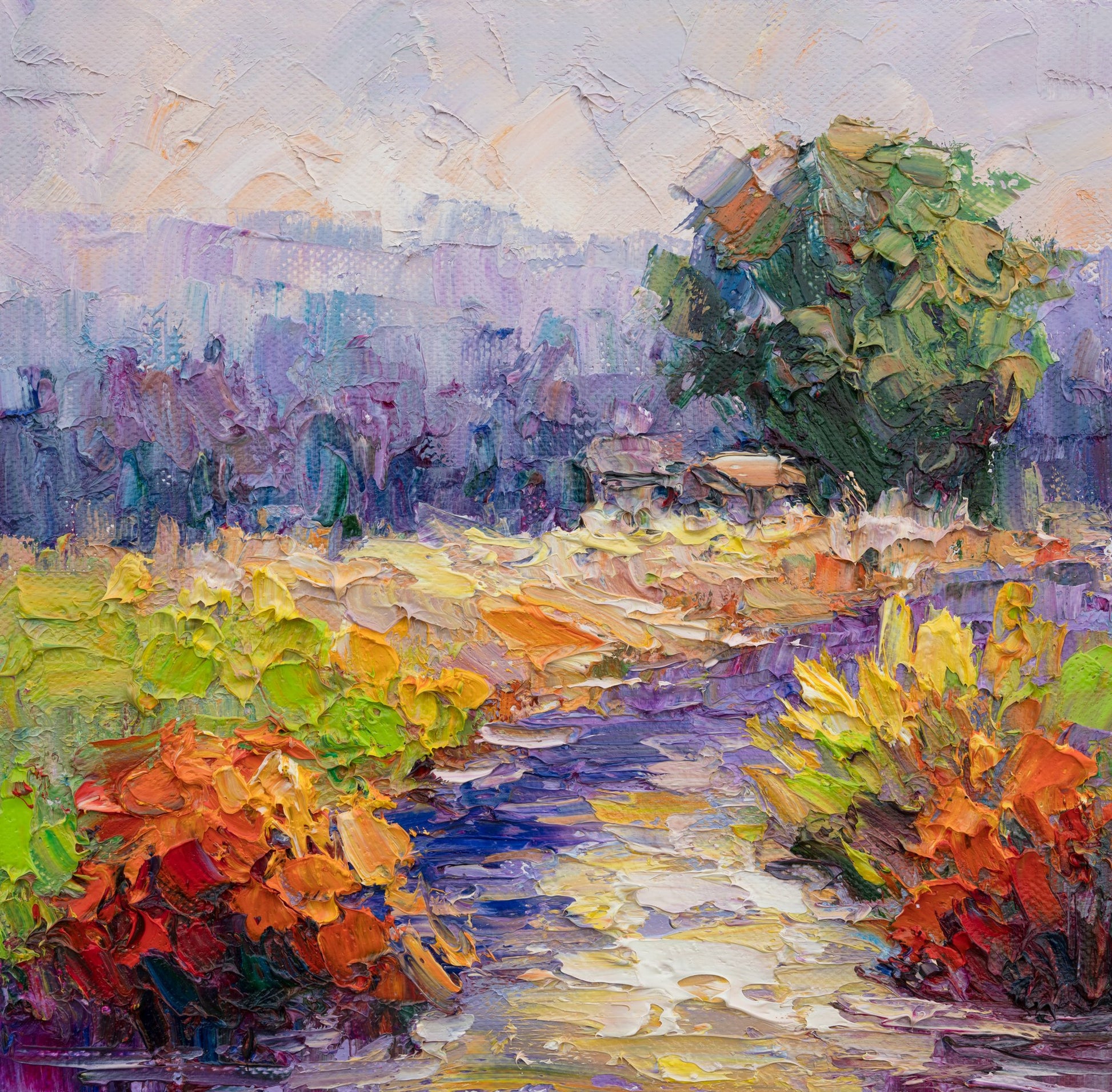 Unframed oil painting on canvas depicting a vibrant garden path with textured brushwork in green, orange, and purple hues, set against a soft sky