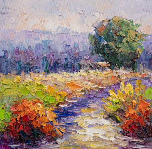 Unframed oil painting on canvas depicting a vibrant garden path with textured brushwork in green, orange, and purple hues, set against a soft sky