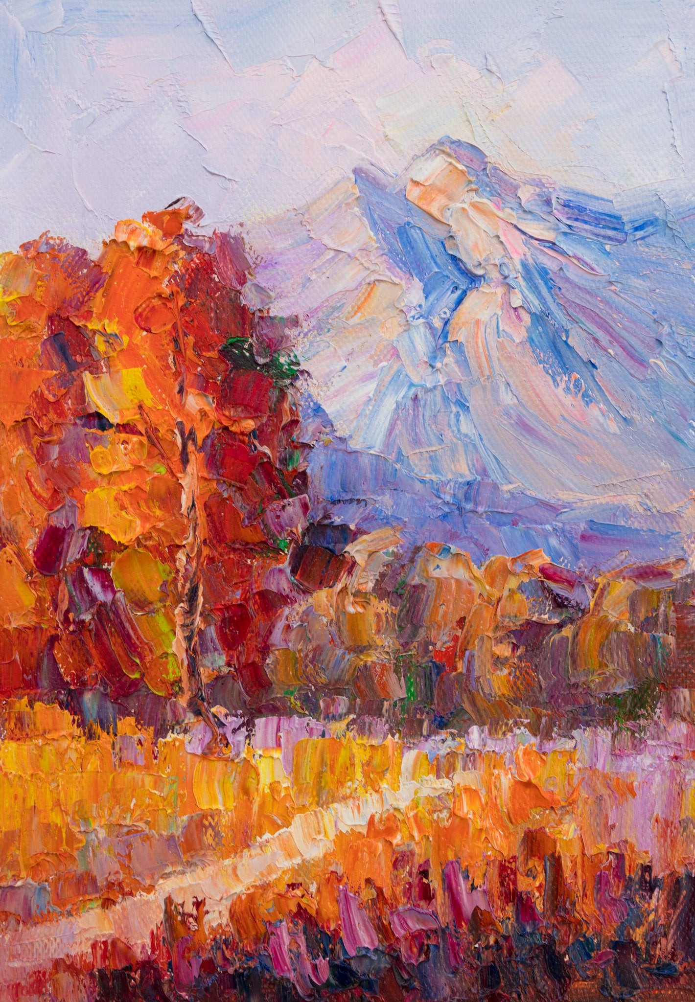 Vertical oil painting of autumn mountain landscape with vibrant orange, red, and blue hues, textured brushwork, unframed on canvas