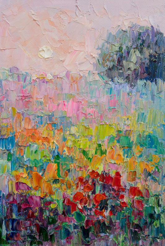 Vertical oil painting on canvas depicting a vibrant floral field with thick impasto brushwork in pink, red, green, and yellow hues under a soft pastel sky; unframed and displayed flat on a neutral surface.
