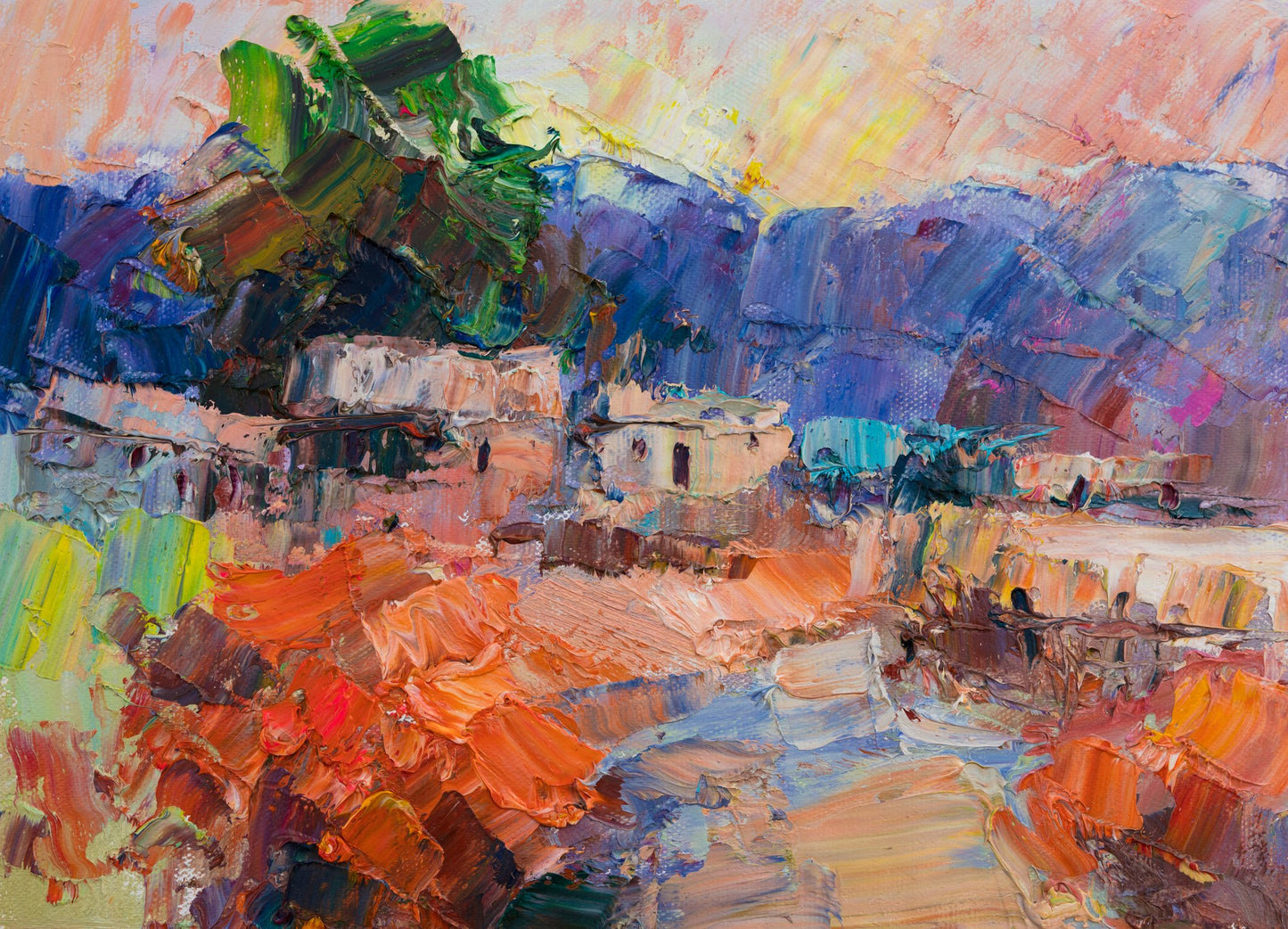 Expressive oil painting of a sunset village with bold brushstrokes in orange, blue, and green, unframed on canvas
