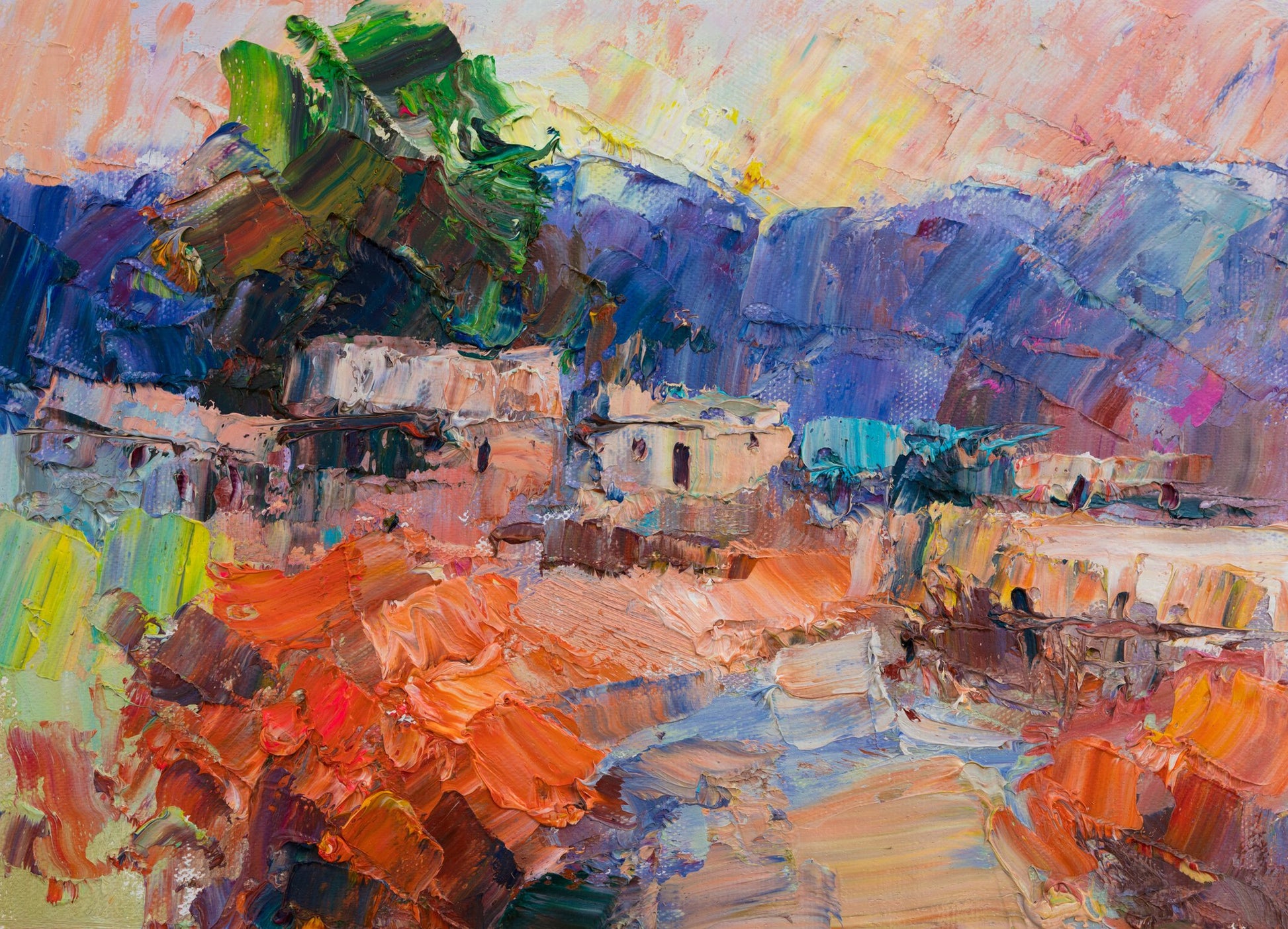 Expressive oil painting of a sunset village with bold brushstrokes in orange, blue, and green, unframed on canvas