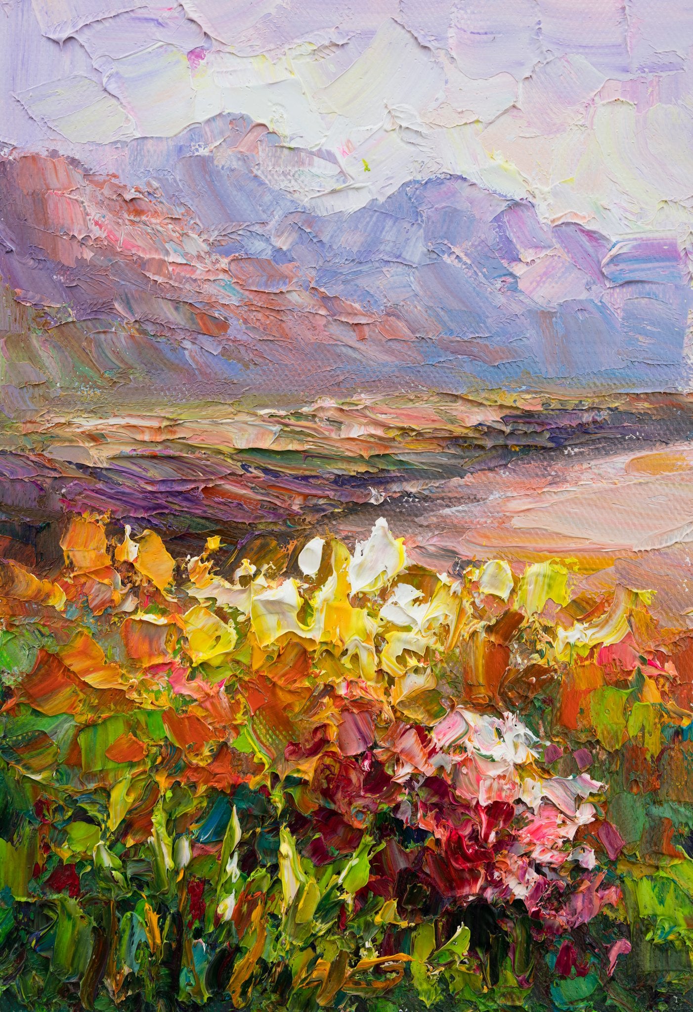 Vertical oil painting of a floral field at dusk with thick impasto brushwork, vibrant greens, yellows, and purples, unframed on canvas