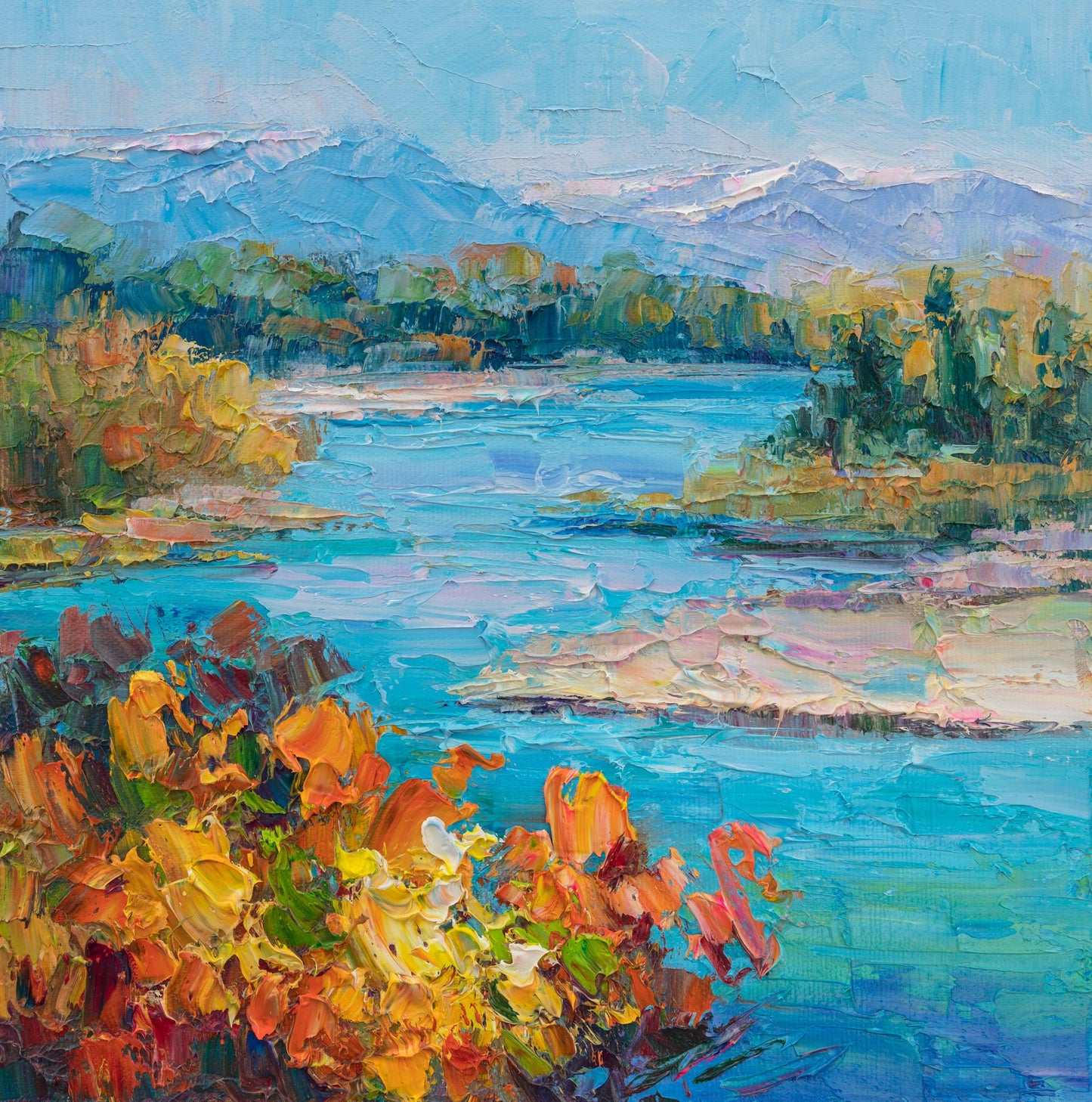 Impressionist oil painting of a vibrant lake scene with blue water, orange foliage, and distant mountains, unframed on canvas