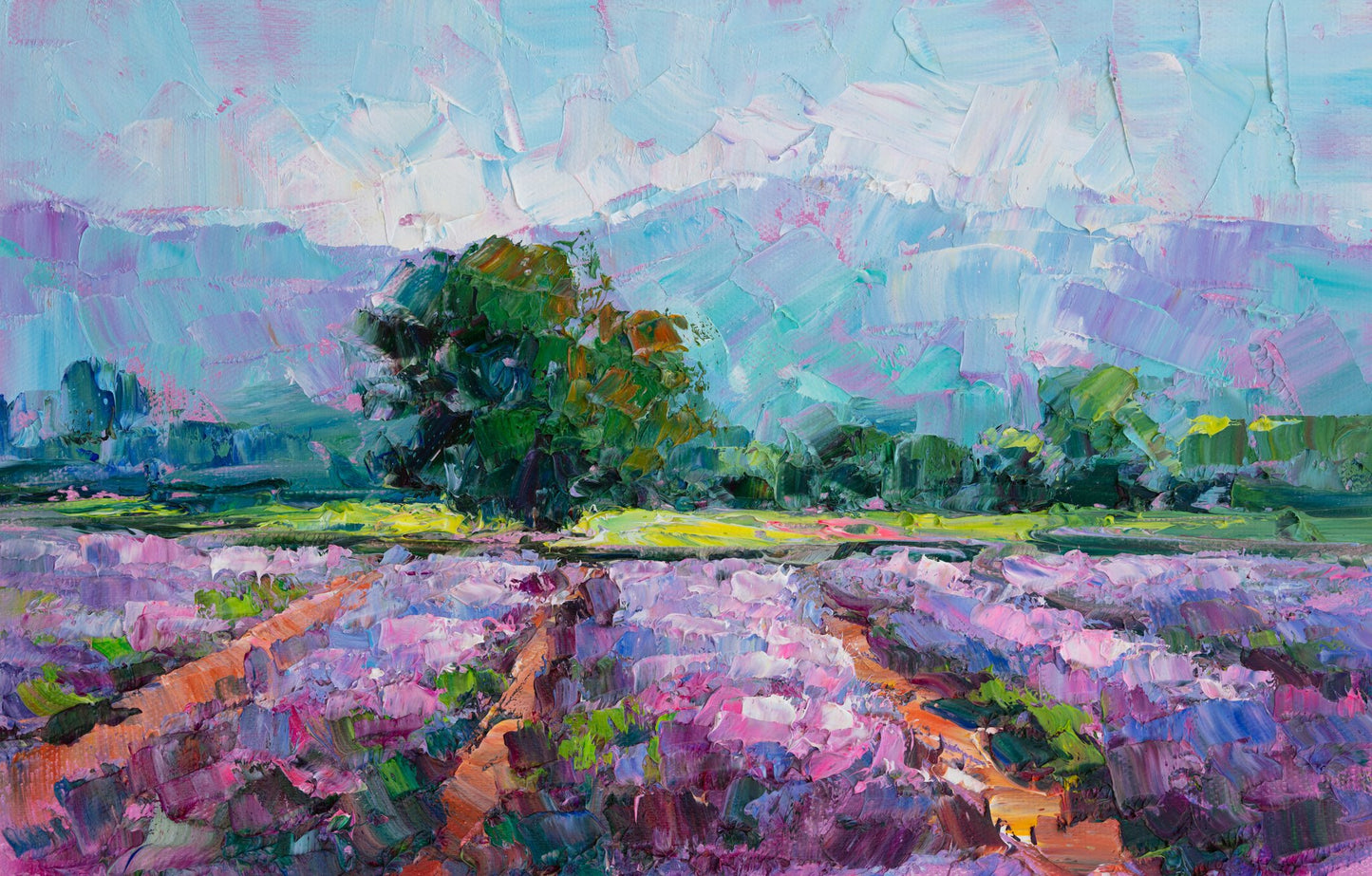 Lavender field oil painting with vibrant purple blooms, green trees, and blue sky; horizontal canvas, unframed, textured brushwork