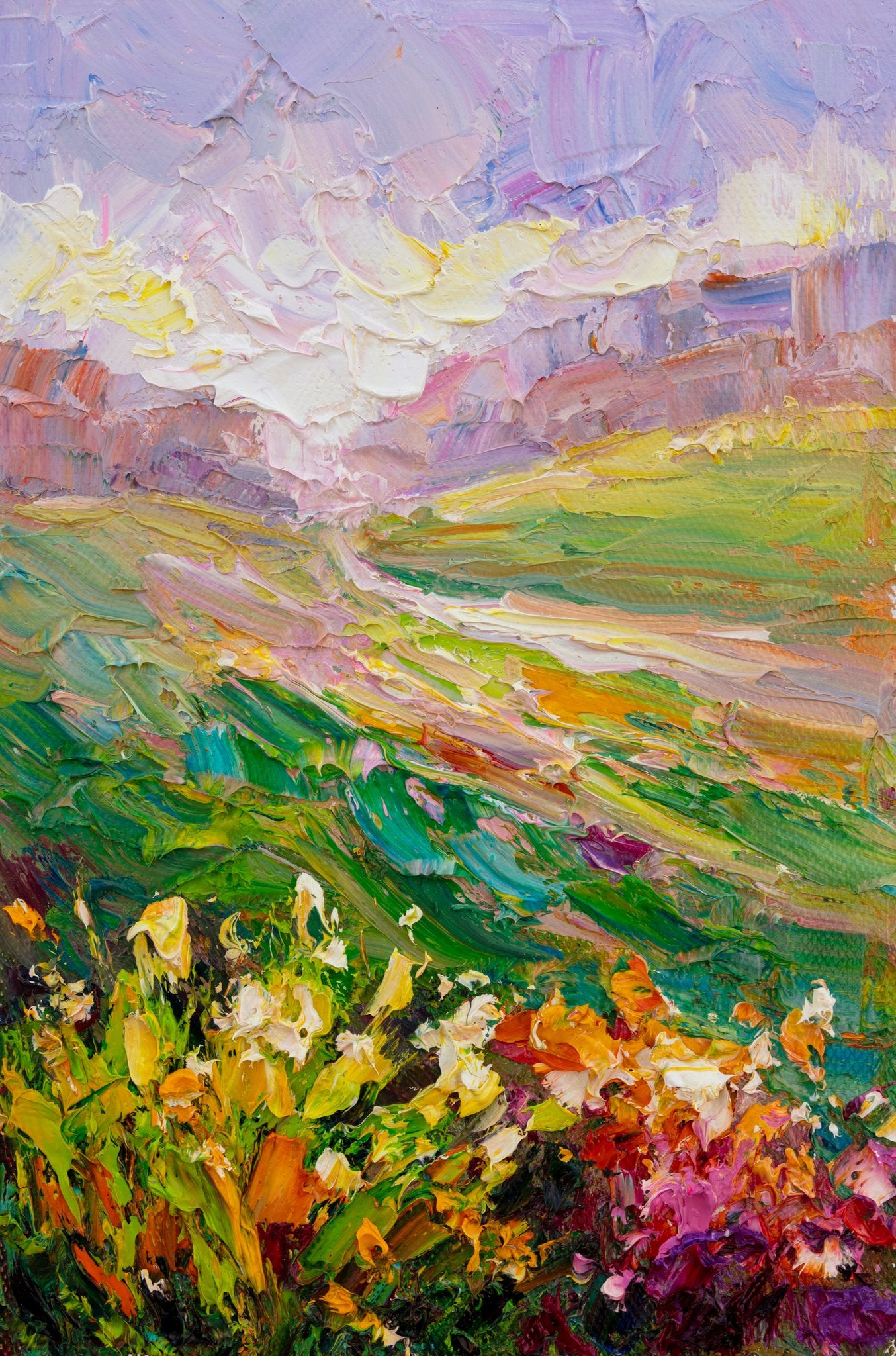 Vertical oil painting of a vibrant meadow landscape with floral foreground, textured brushwork in greens, purples, and yellows, unframed on canvas