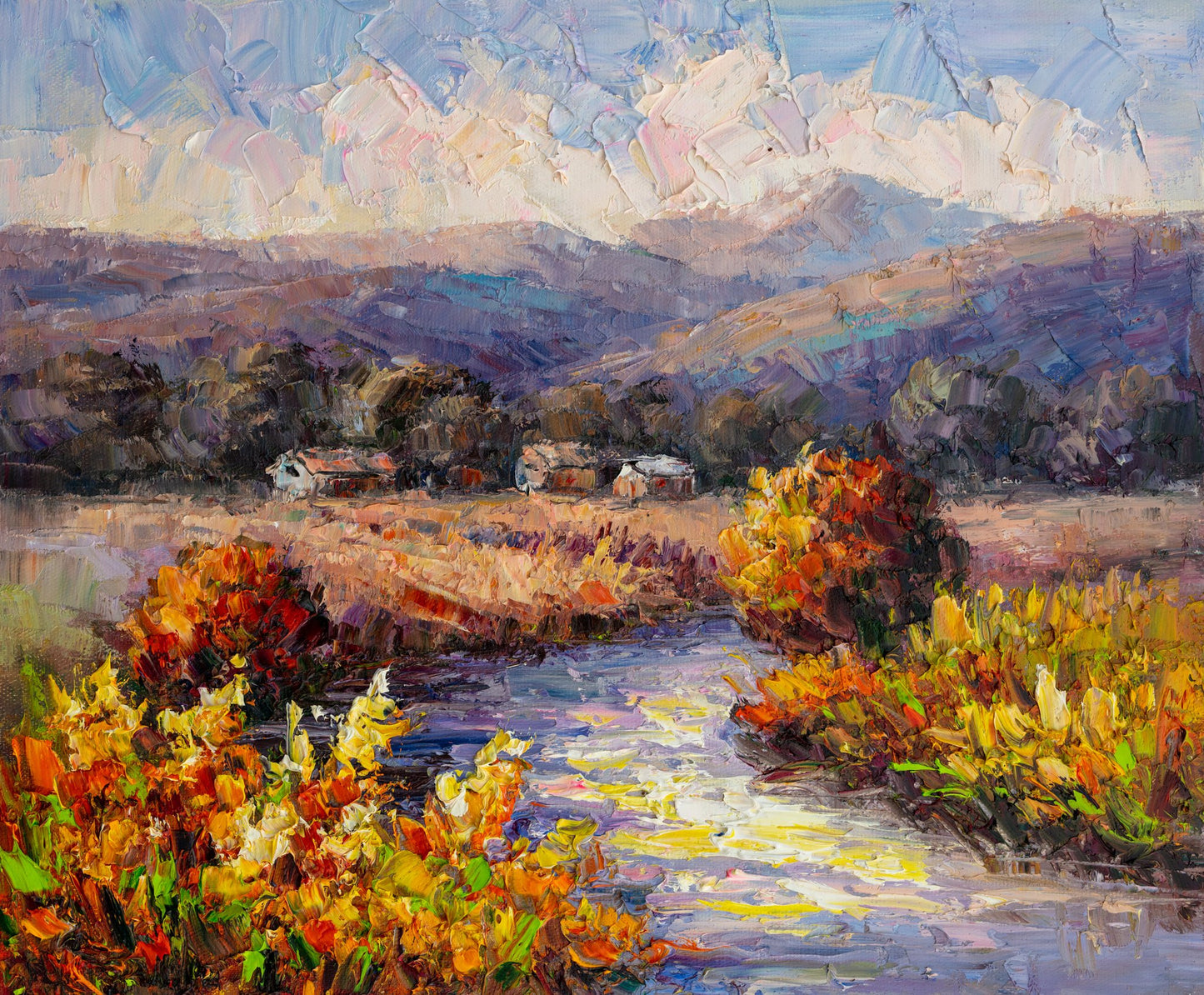 Autumn river scene with vibrant foliage and distant hills, painted in textured oil on canvas, unframed and displayed flat