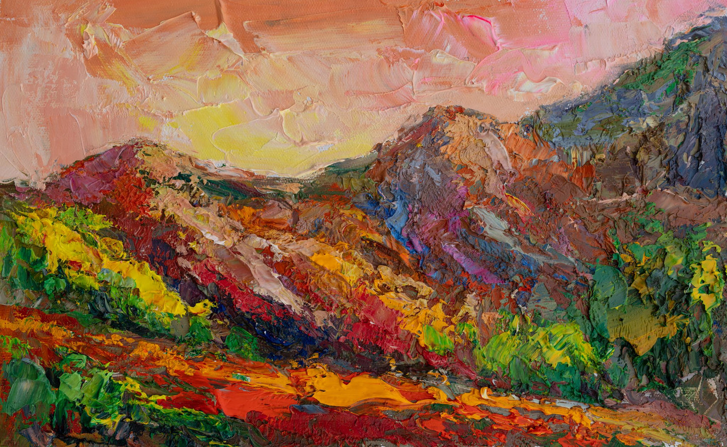 Vibrant oil painting of a mountain landscape with thick impasto texture, rich reds, greens, and yellows, unframed on canvas