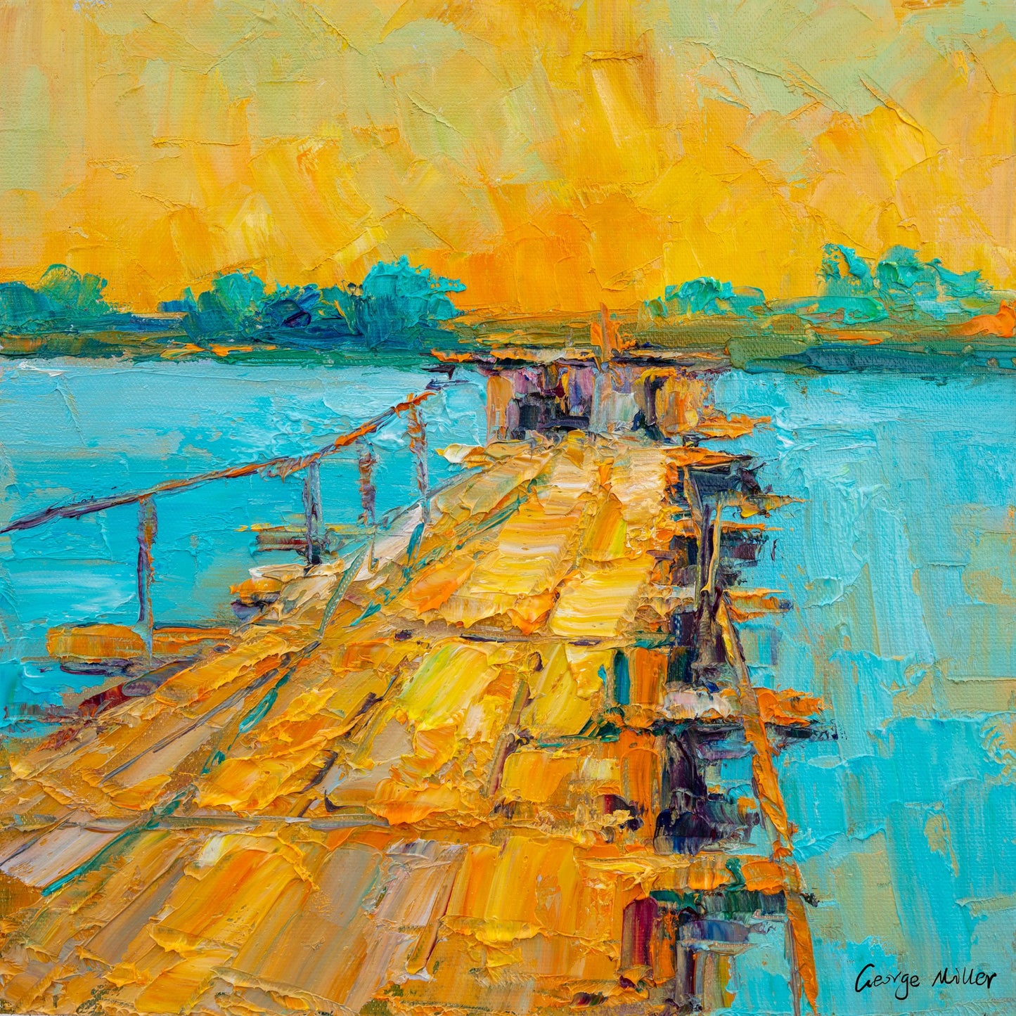 Hand-painted oil landscape of a wooden dock extending into turquoise water under a golden sky, unframed canvas with visible texture and signature