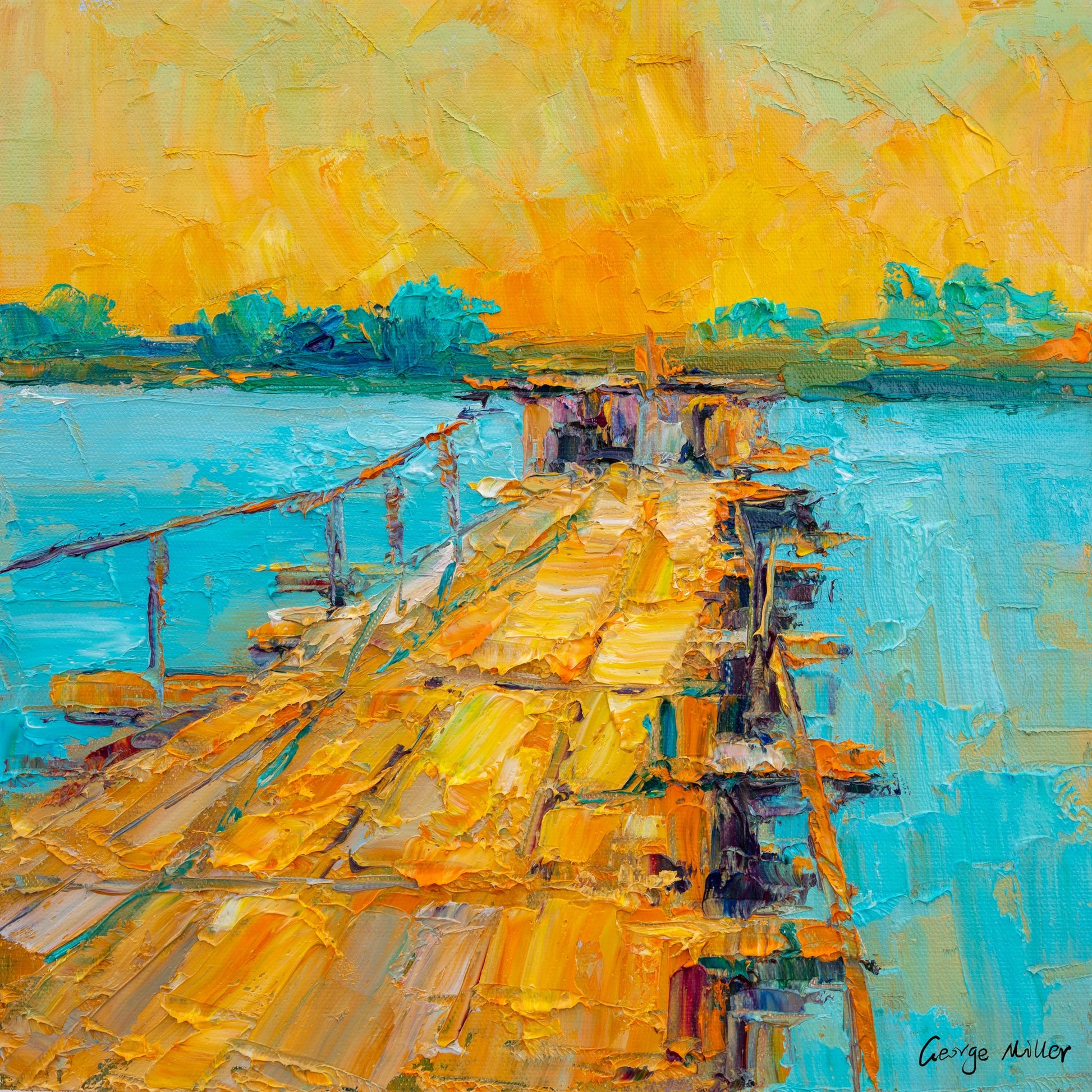 Hand-painted oil landscape of a wooden dock extending into turquoise water under a golden sky, unframed canvas with visible texture and signature