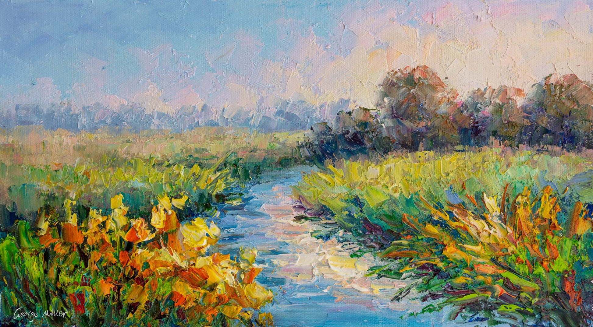 Hand-painted oil landscape of a serene stream winding through vibrant wildflowers, unframed canvas on neutral surface, impressionistic brushwork in blues, greens, and yellows