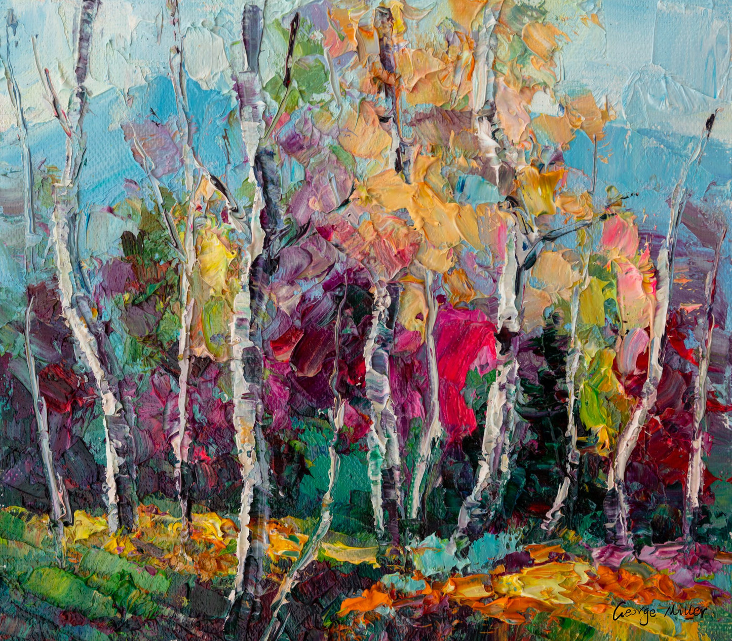 Vertical oil painting of a birch forest with thick impasto texture, vibrant colors, and expressive brushwork; unframed on canvas, signed by artist
