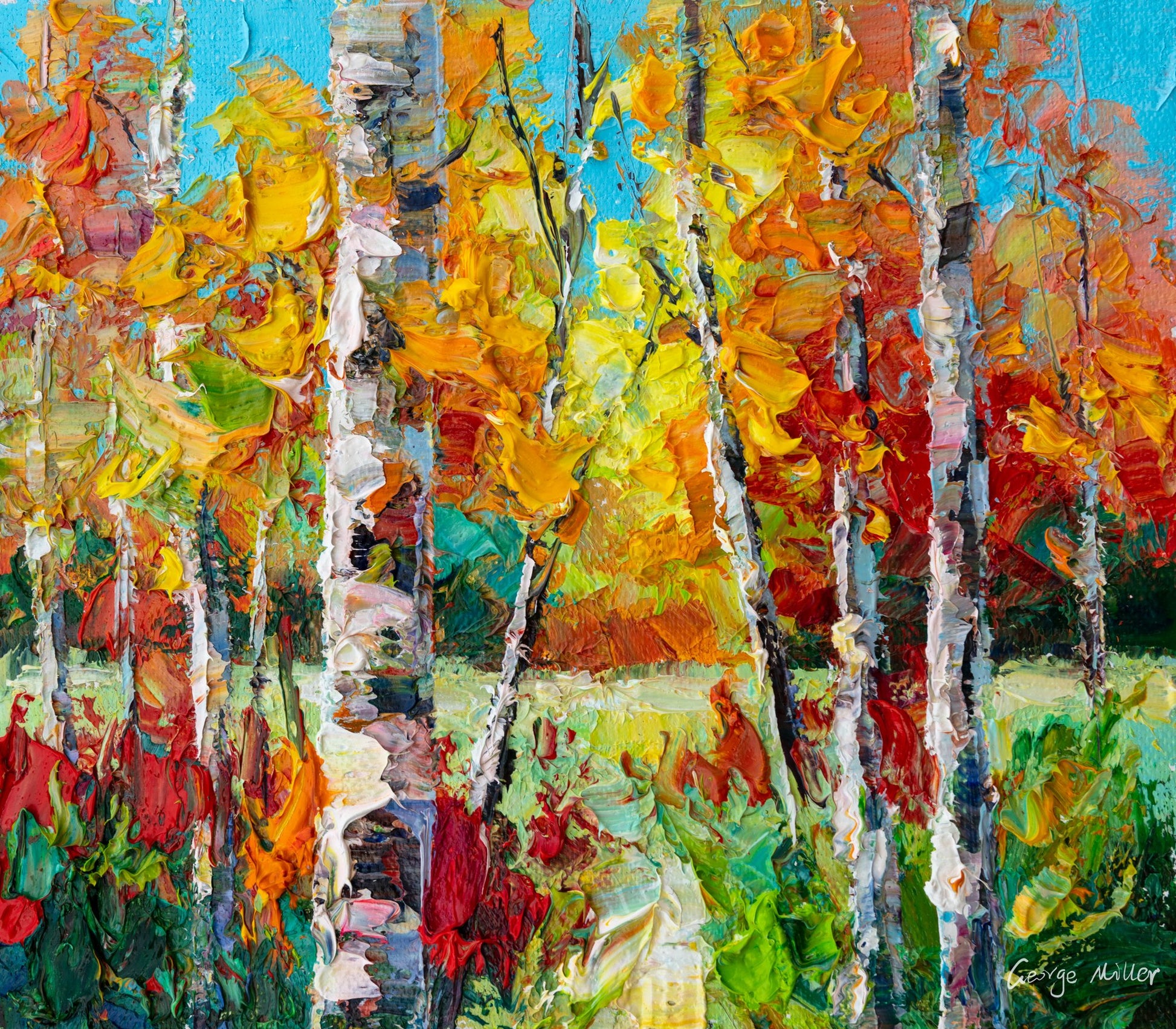 Vibrant autumn birch forest oil painting on canvas, unframed, vertical composition with bold yellow, red, and green hues, textured brushwork