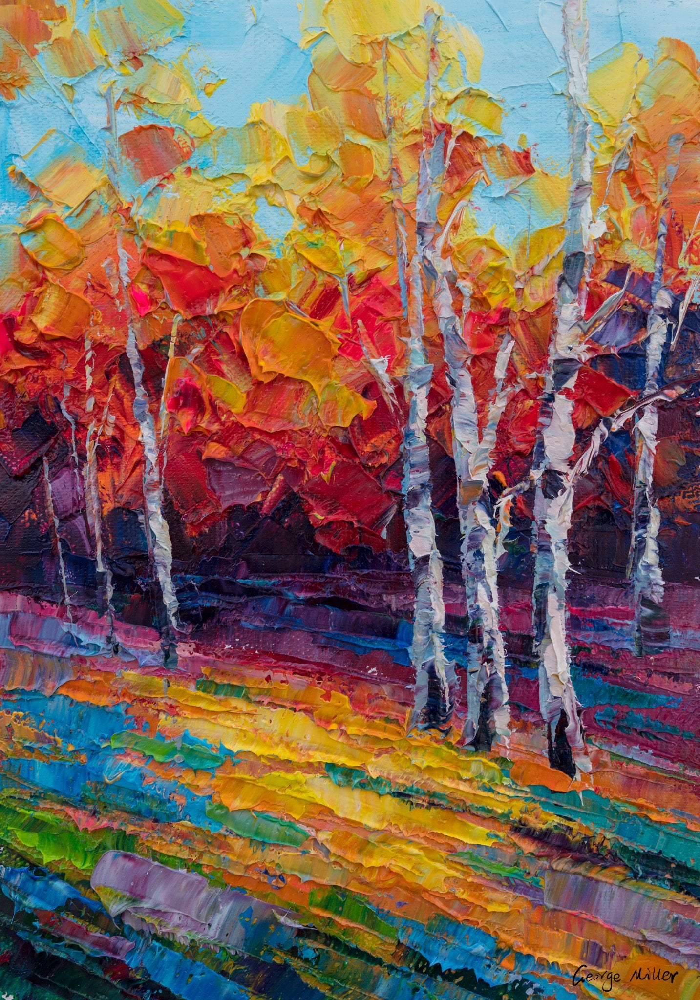 Vibrant autumn birch forest oil painting on canvas, unframed, featuring bold red, yellow, and blue hues with textured brushwork and vertical composition