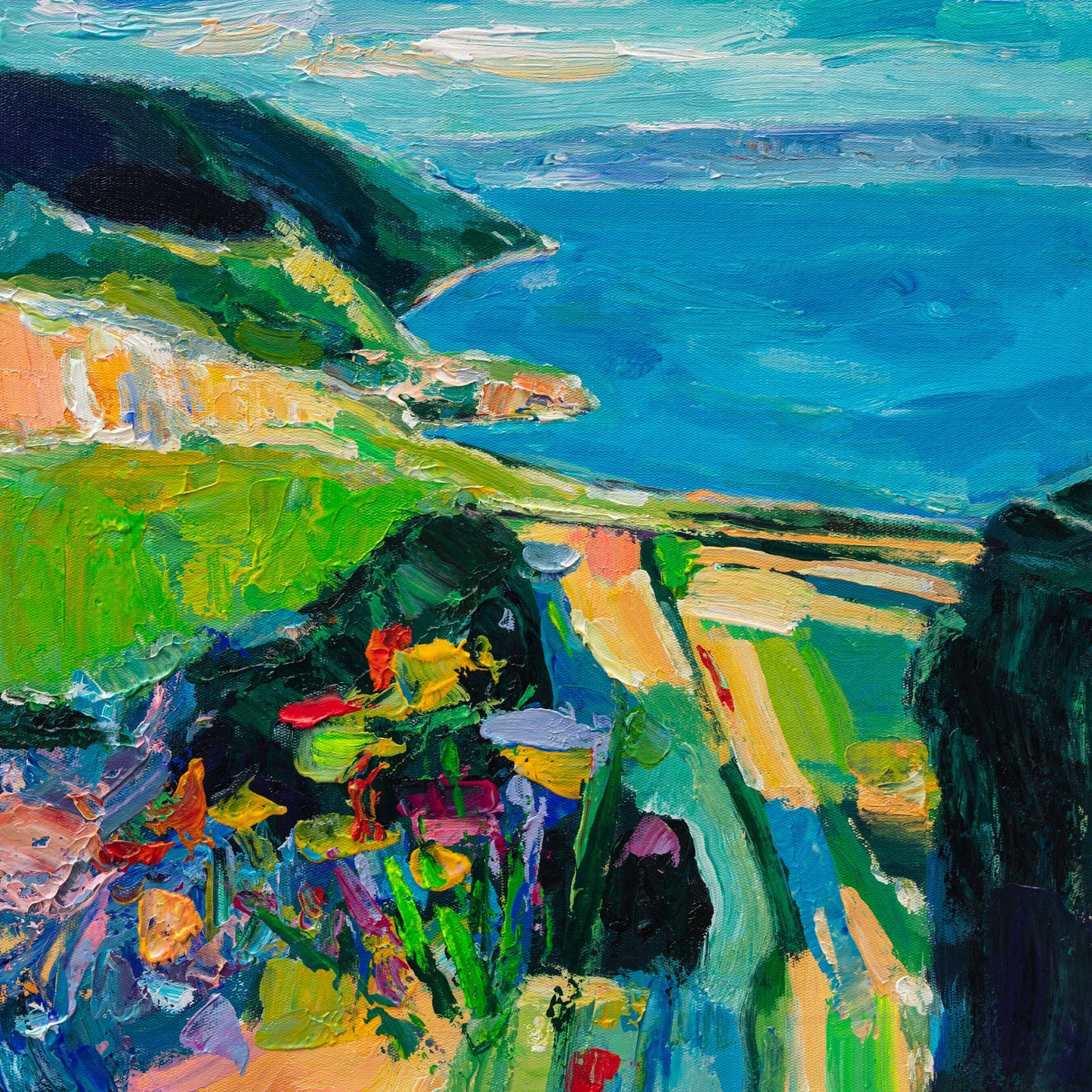 Impasto oil painting of a coastal landscape with vibrant blues, greens, and yellows; thick textured brushwork on unframed canvas