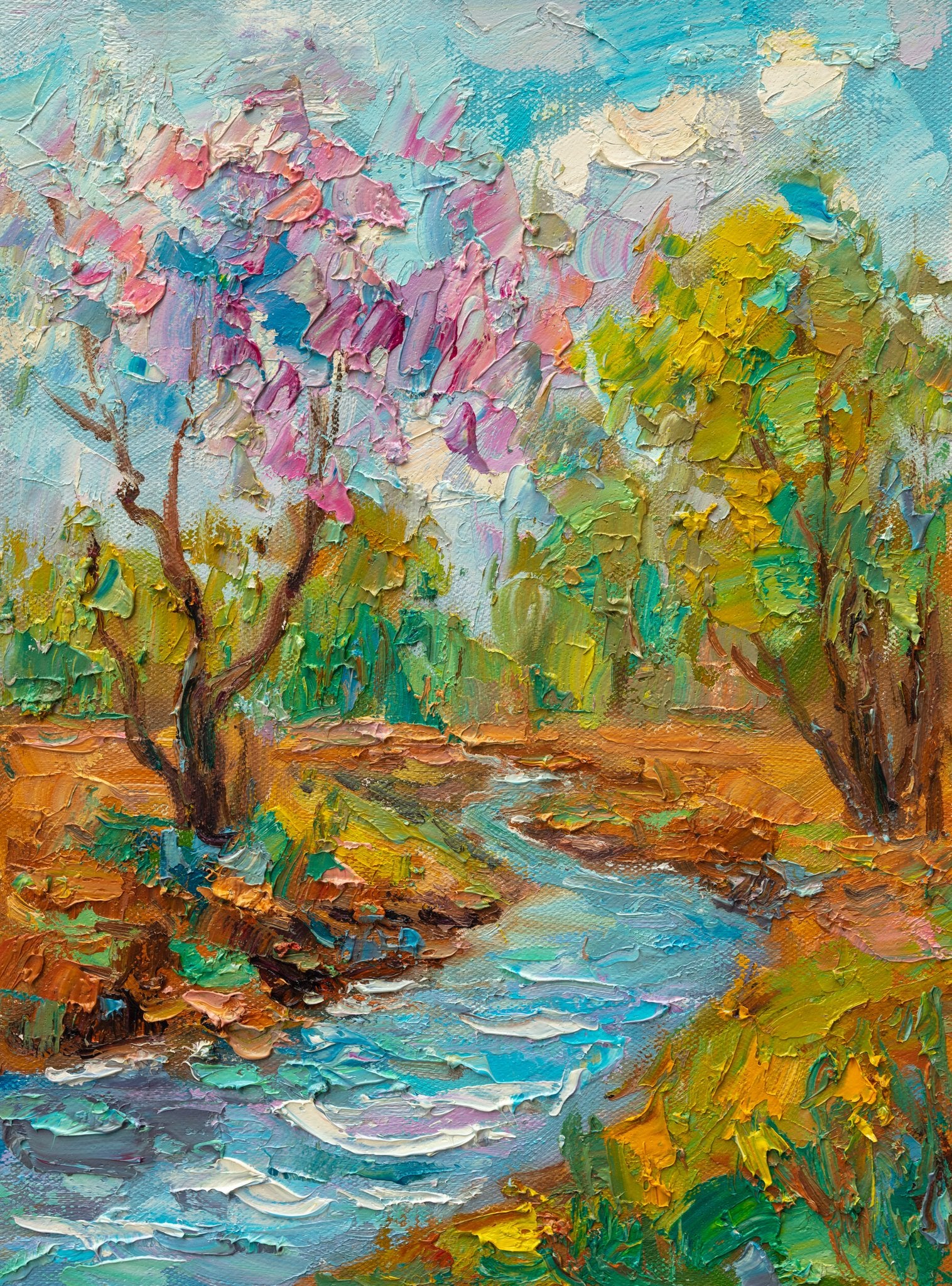 Vertical oil painting of a spring stream winding through a colorful forest with pink blossoms, green foliage, and textured brushwork on canvas, unframed