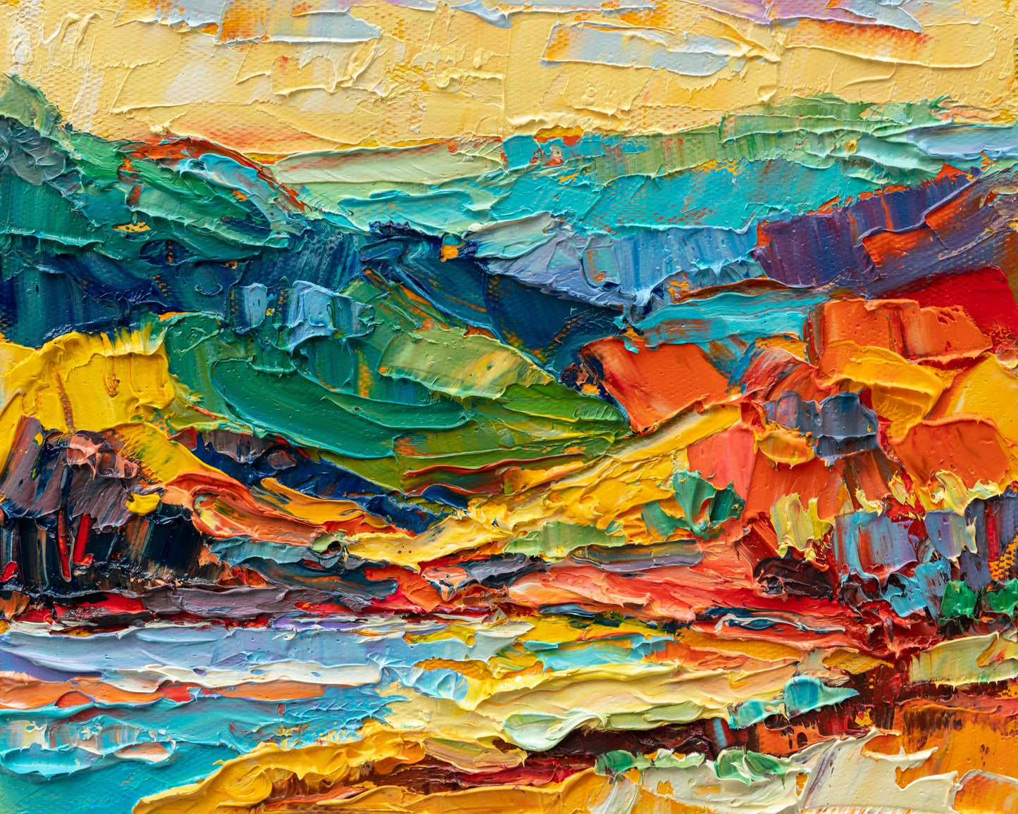 Vibrant abstract landscape painting in oil on canvas, featuring bold brushstrokes and textured layers of blue, green, yellow, red, and orange, unframed and displayed flat on a neutral surface.