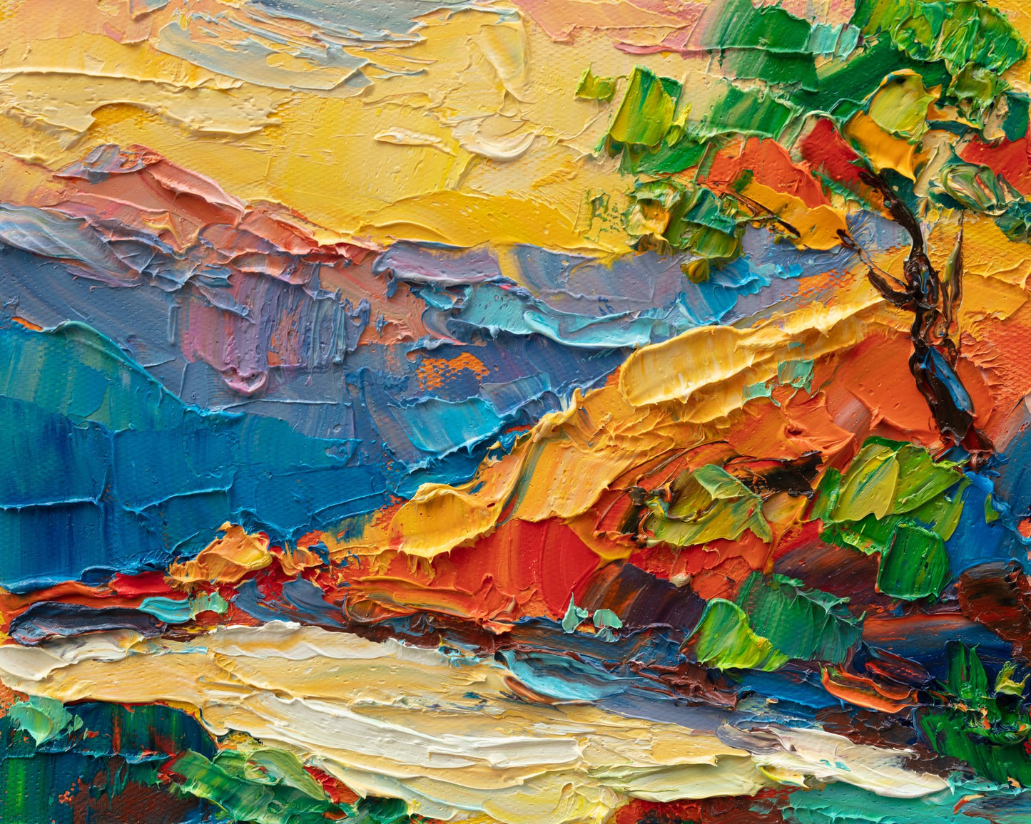Expressive oil painting of a vibrant landscape with bold brushstrokes in blue, yellow, green, red, and orange, unframed on canvas