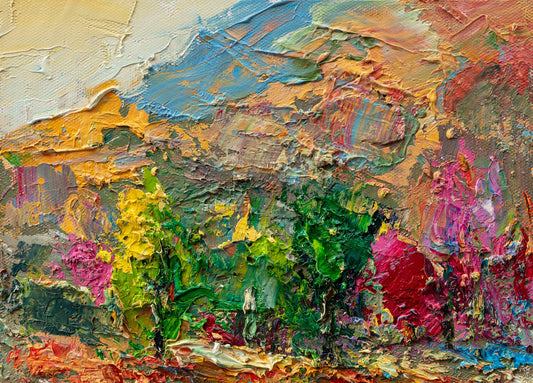 Heavy impasto oil painting of a vibrant garden landscape with bold green, yellow, and red textures on canvas, unframed and displayed flat
