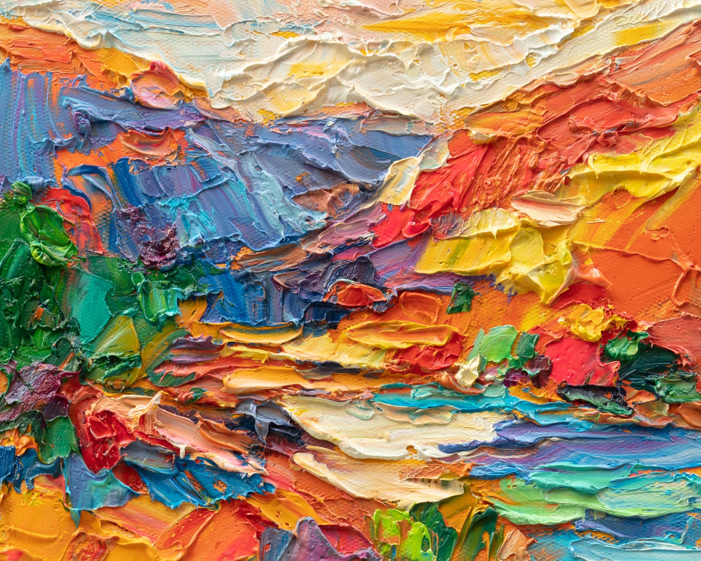 Vibrant impasto oil painting of a sunset landscape with bold textures, rich colors, and expressive brushwork on unframed canvas