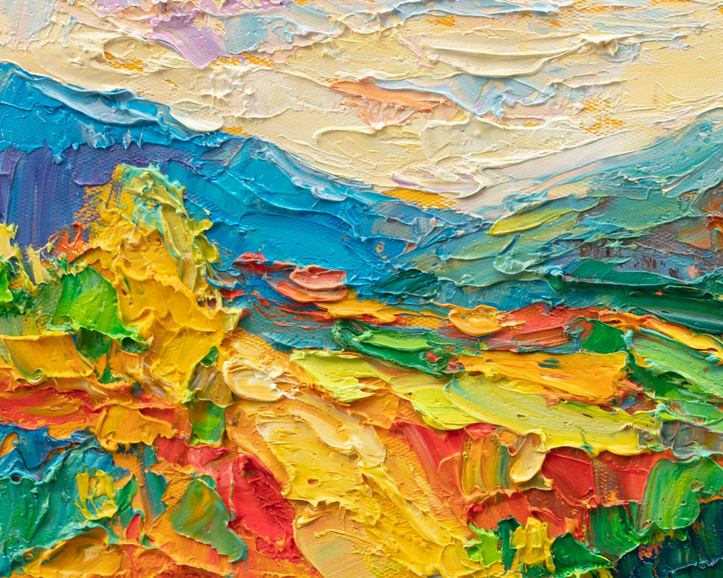 Vibrant impasto landscape abstract painting with thick oil brushstrokes in blue, yellow, green, red, and white on canvas, unframed and displayed flat