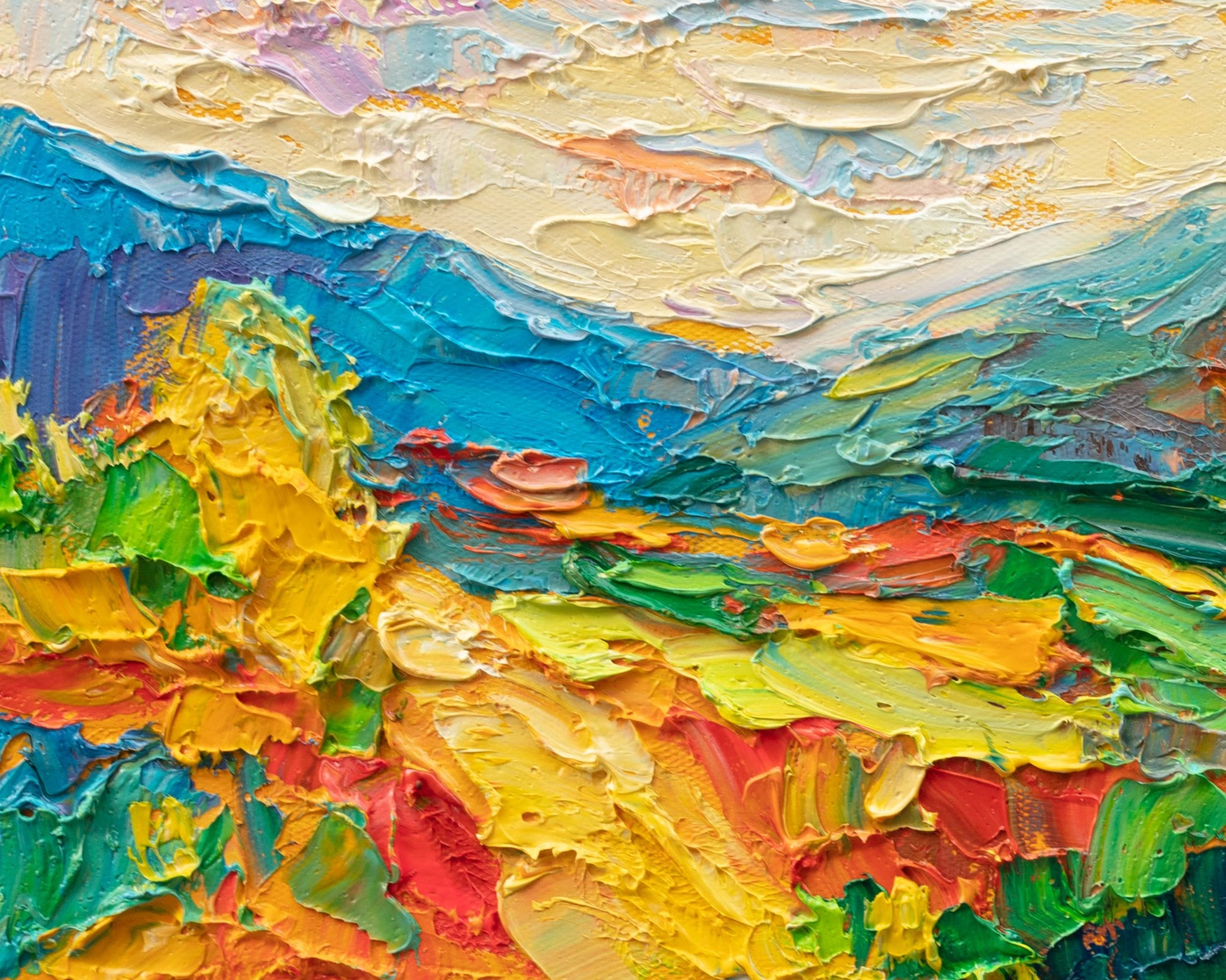 Vibrant impasto landscape abstract painting with thick oil brushstrokes in blue, yellow, green, red, and white on canvas, unframed and displayed flat