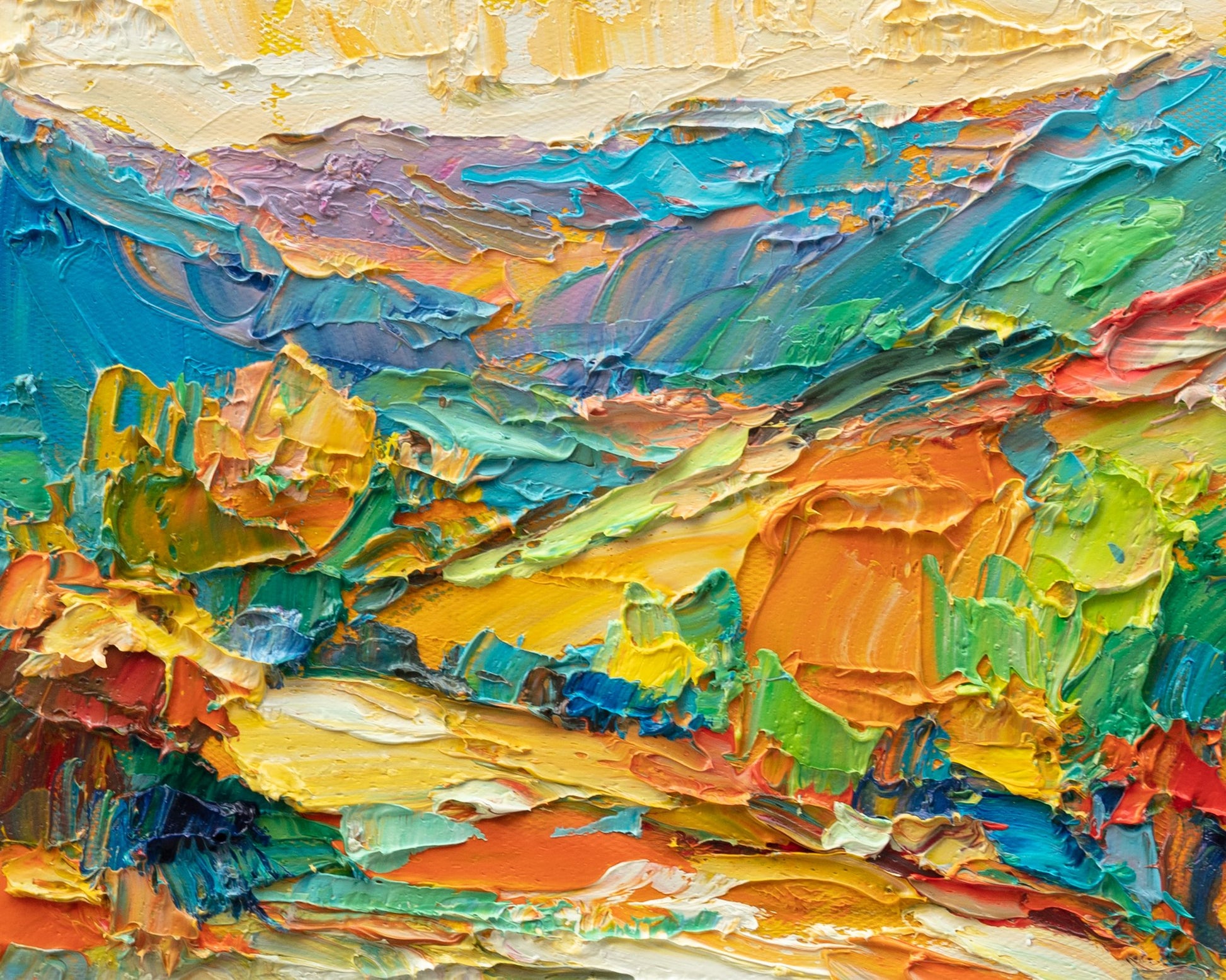 Hand-painted abstract landscape in vibrant blues, greens, oranges, and yellows, textured oil on canvas, unframed, horizontal composition