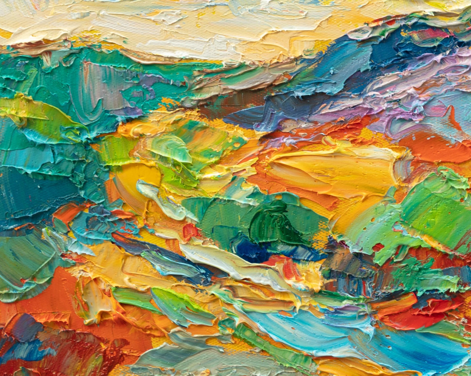 Abstract landscape oil painting with vibrant impasto texture in blues, greens, oranges, reds, and yellows, unframed on canvas