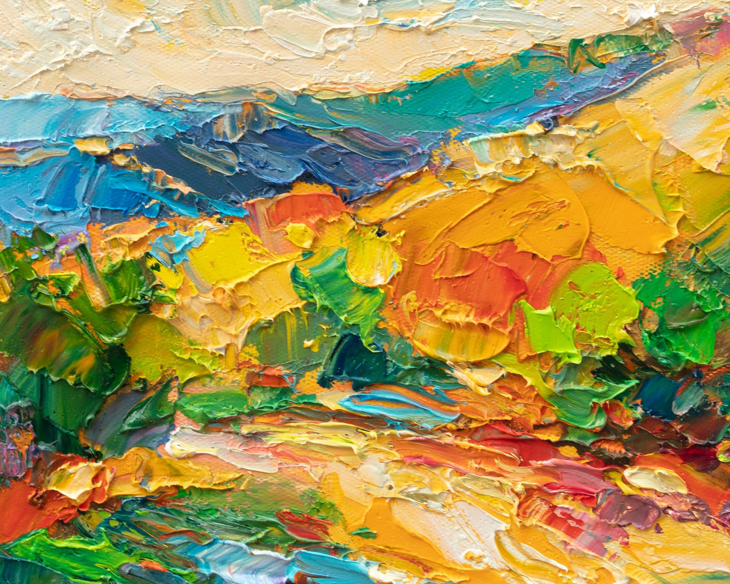 Abstract landscape oil painting with vibrant blues, greens, yellows, and reds on canvas, unframed, textured brushwork, horizontal composition