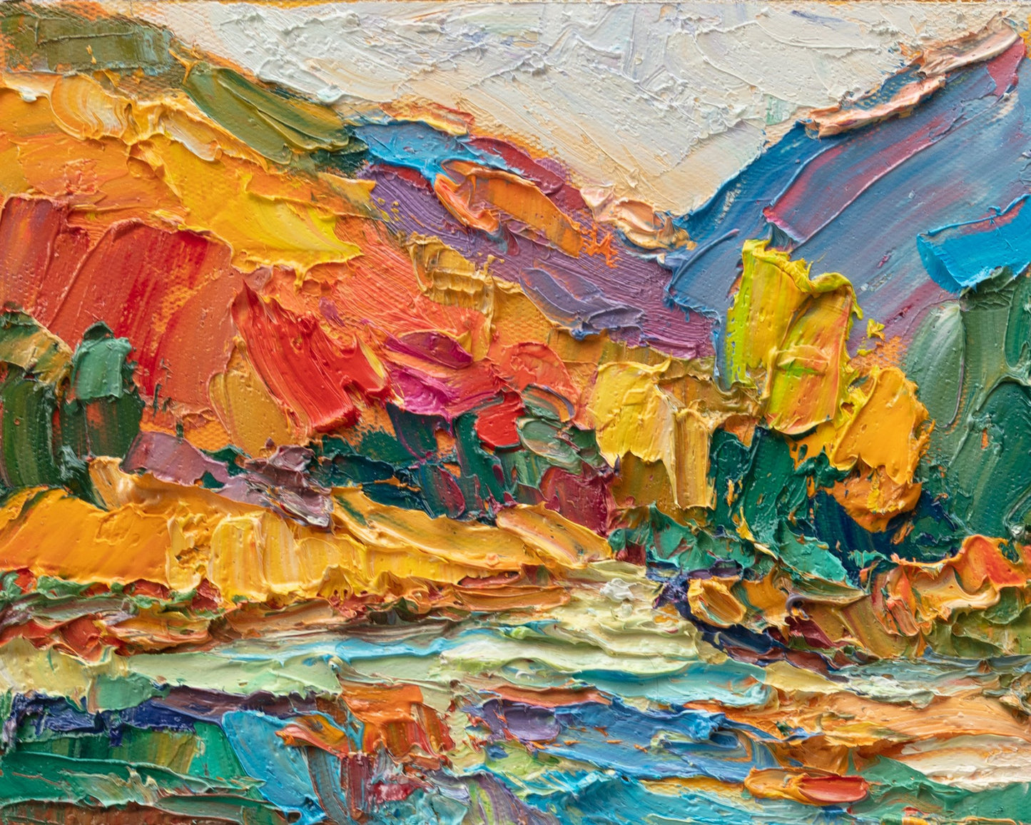 Vibrant abstract landscape oil painting on canvas, unframed, featuring bold red, yellow, blue, green, and orange brushstrokes with textured impasto technique