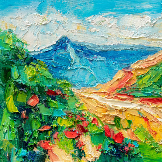 Abstract mountain landscape oil painting on canvas, vibrant blues, greens, and reds with textured brushwork, unframed, displayed flat on neutral surface
