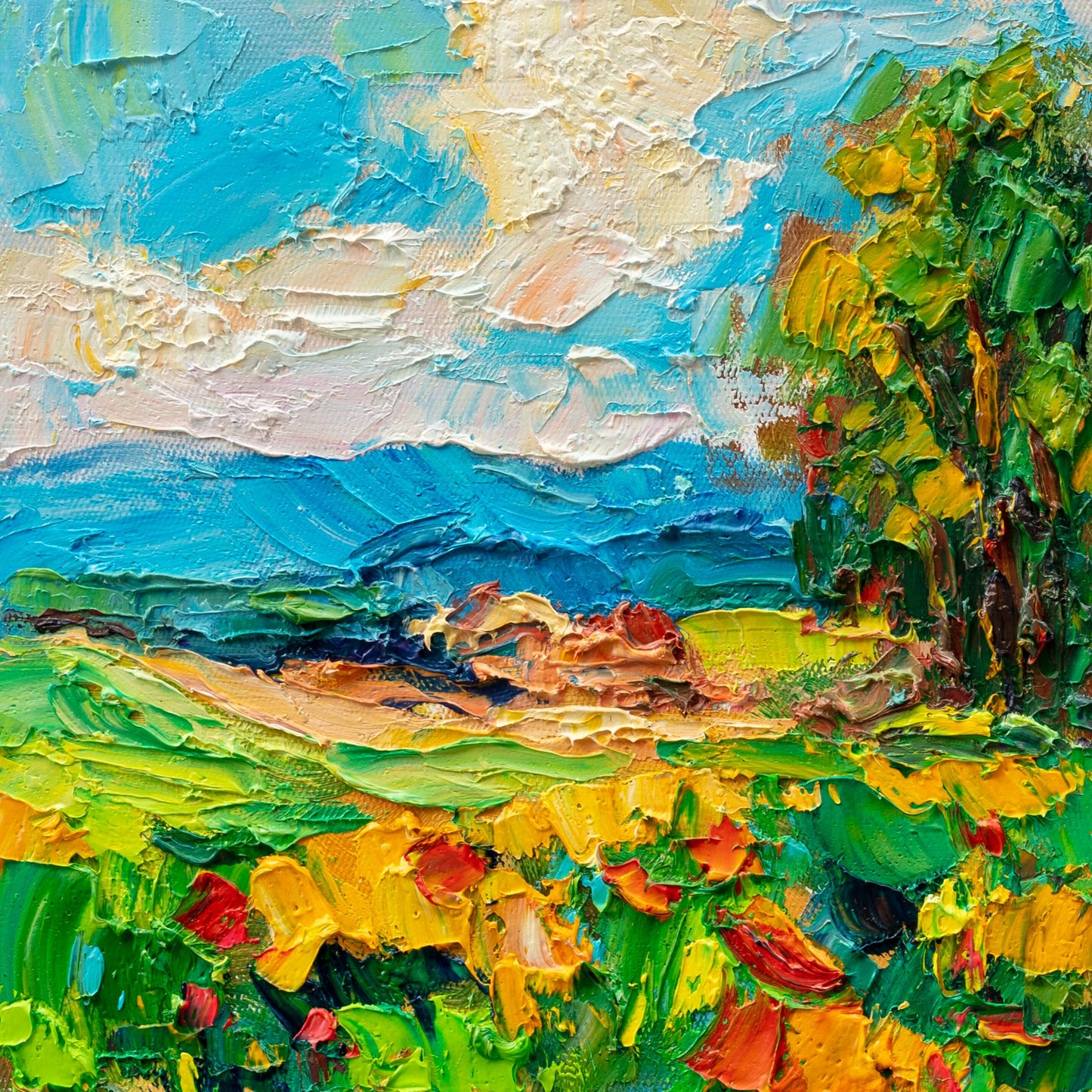 Unframed oil painting of a vibrant coastal landscape with textured brushwork in blue, green, and yellow hues on cotton canvas