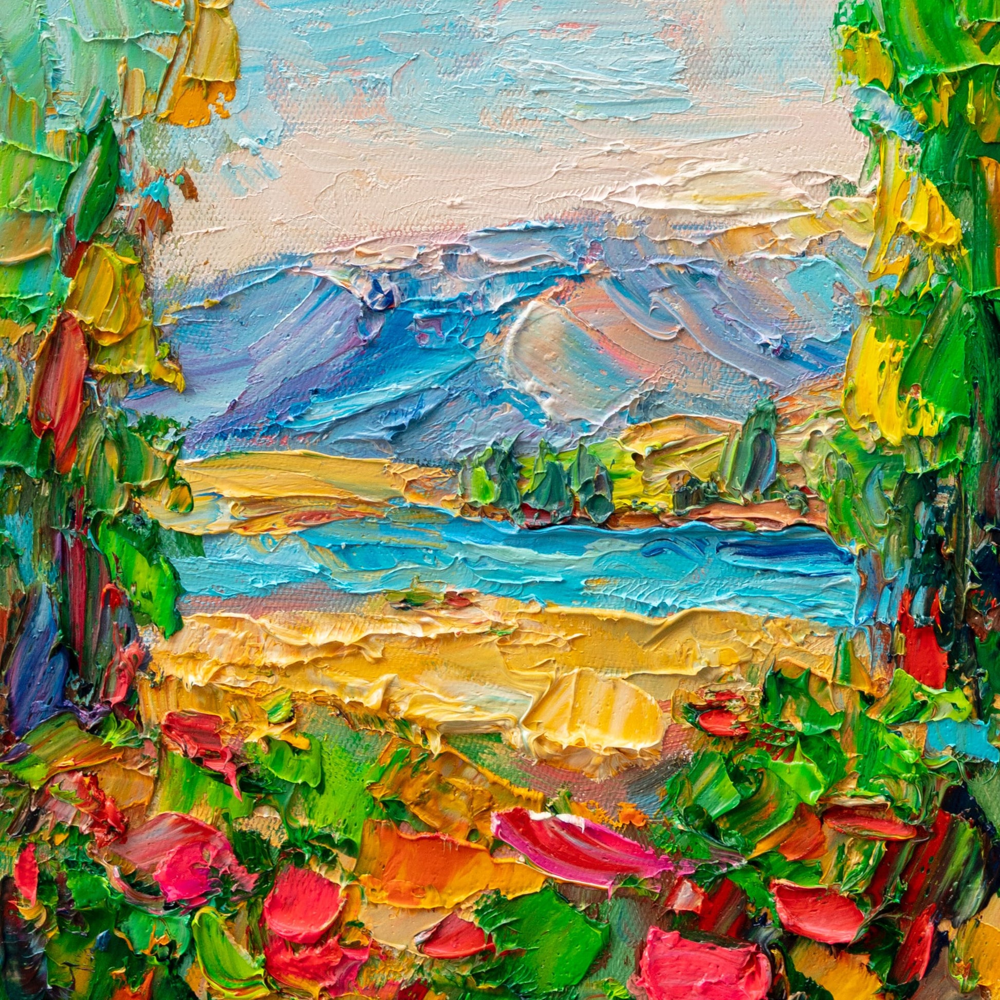 Hand-painted mountain lake scene in vibrant oil on canvas, unframed, featuring textured brushwork and a vertical composition with blue, green, and yellow hues