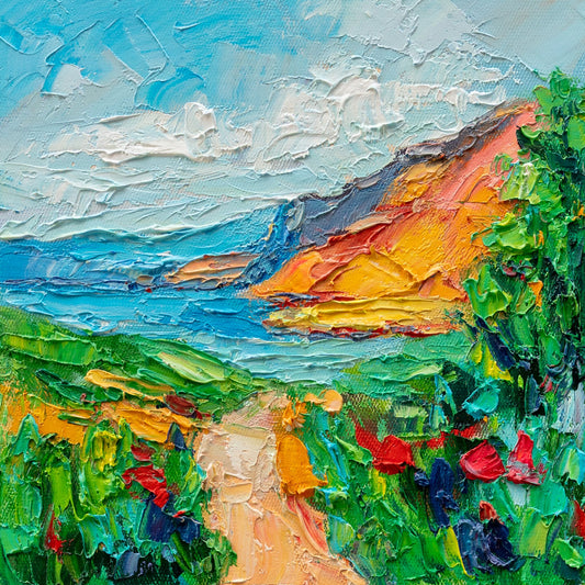 Textured oil painting of a vibrant landscape with bold greens, blues, and yellows, unframed on canvas, showcasing thick impasto brushwork and a winding path through wildflowers