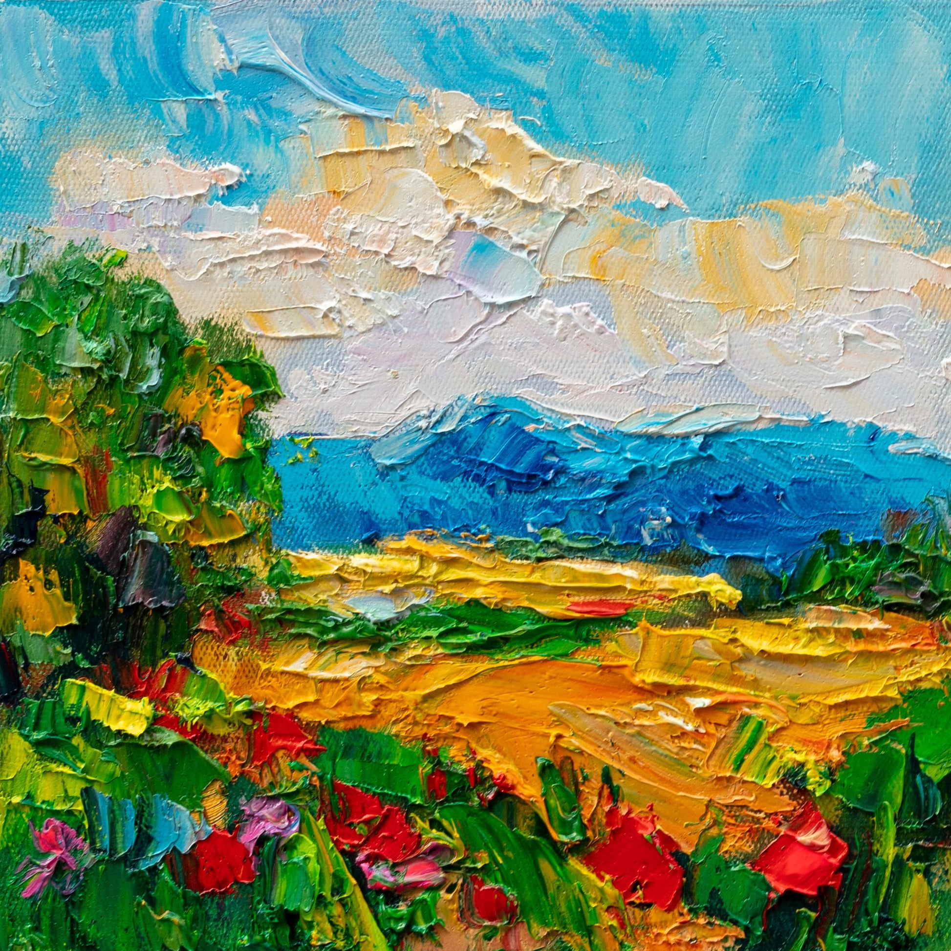 Textured oil painting of a mountain meadow with vibrant greens, yellows, and blues, unframed on canvas