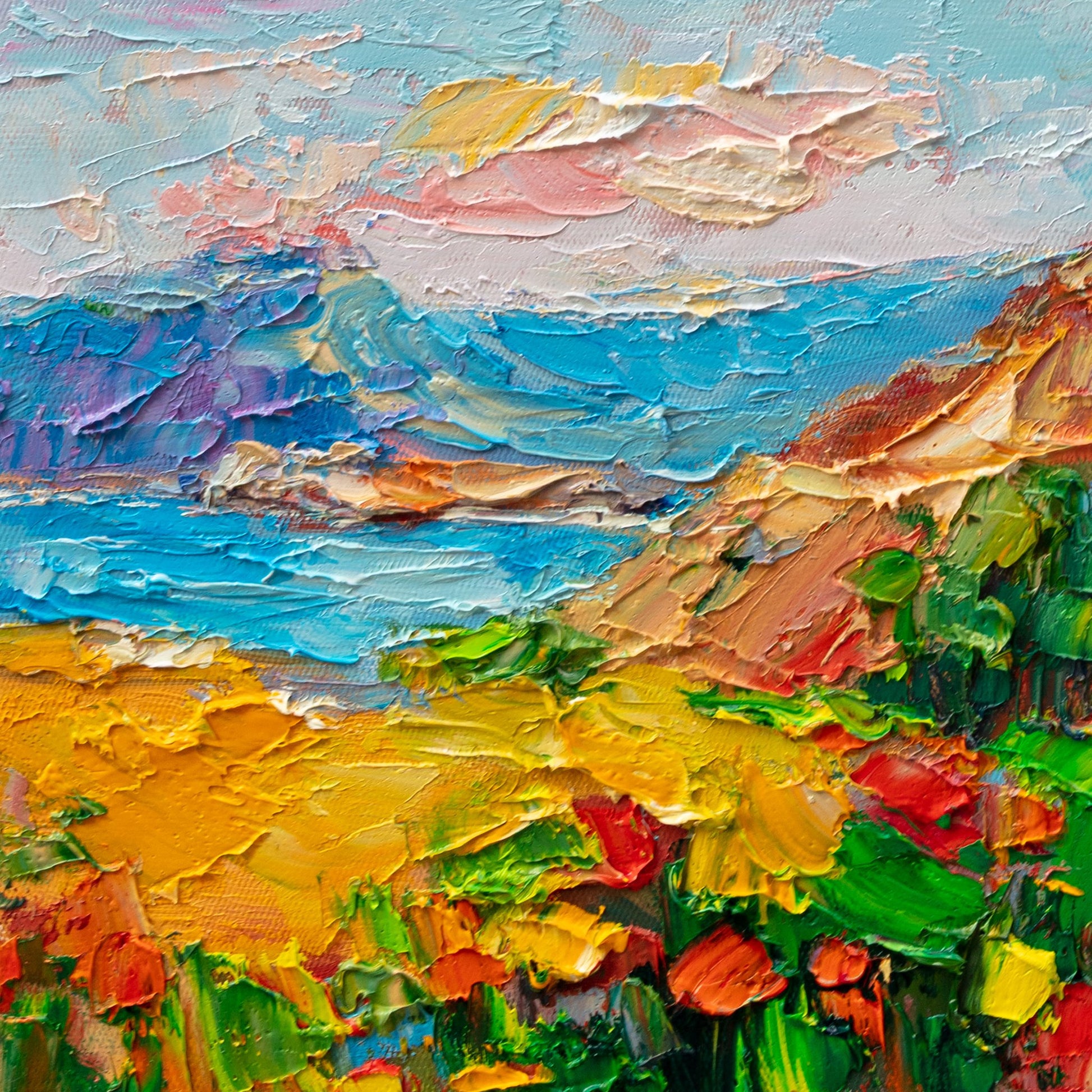 Hand-painted coastal sunset on canvas, unframed, featuring textured oil brushwork with vibrant blues, yellows, and greens in an impressionistic landscape