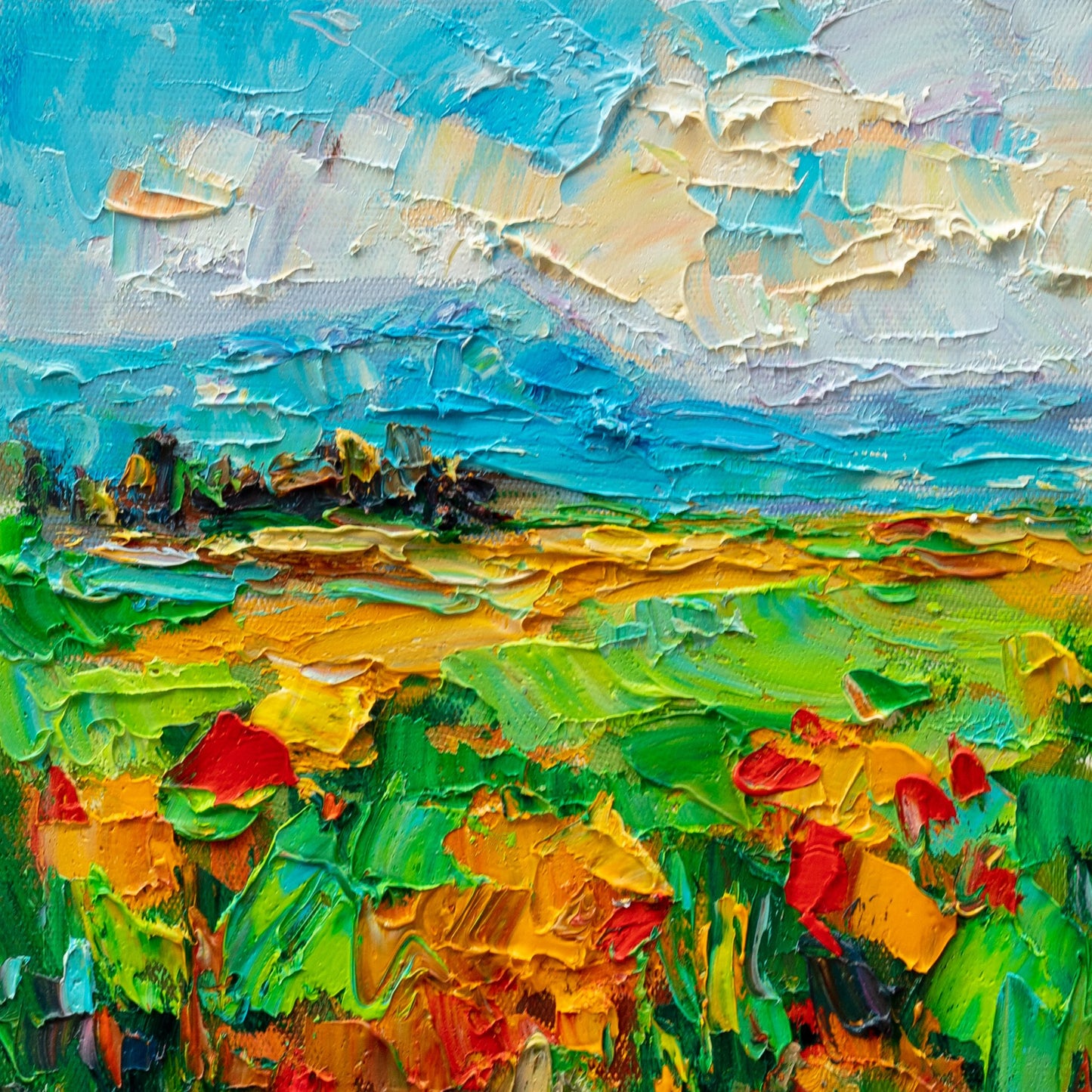 Textured oil painting of a vibrant poppy field under a dynamic sky, unframed canvas with thick impasto brushwork in blues, greens, and yellows