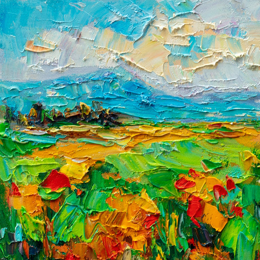 Textured oil painting of a vibrant poppy field under a dynamic sky, unframed canvas with thick impasto brushwork in blues, greens, and yellows