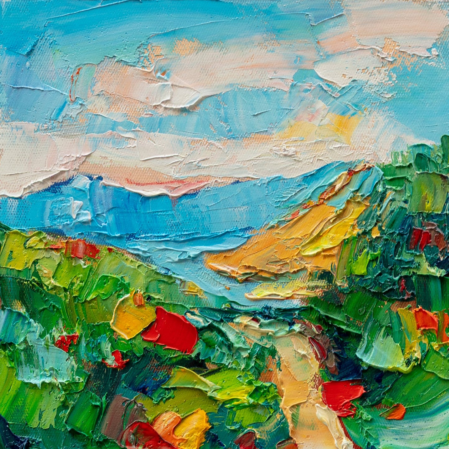 Abstract landscape oil painting on canvas, 10x10 in, unframed, featuring textured brushwork with blue sky, green hills, and yellow accents