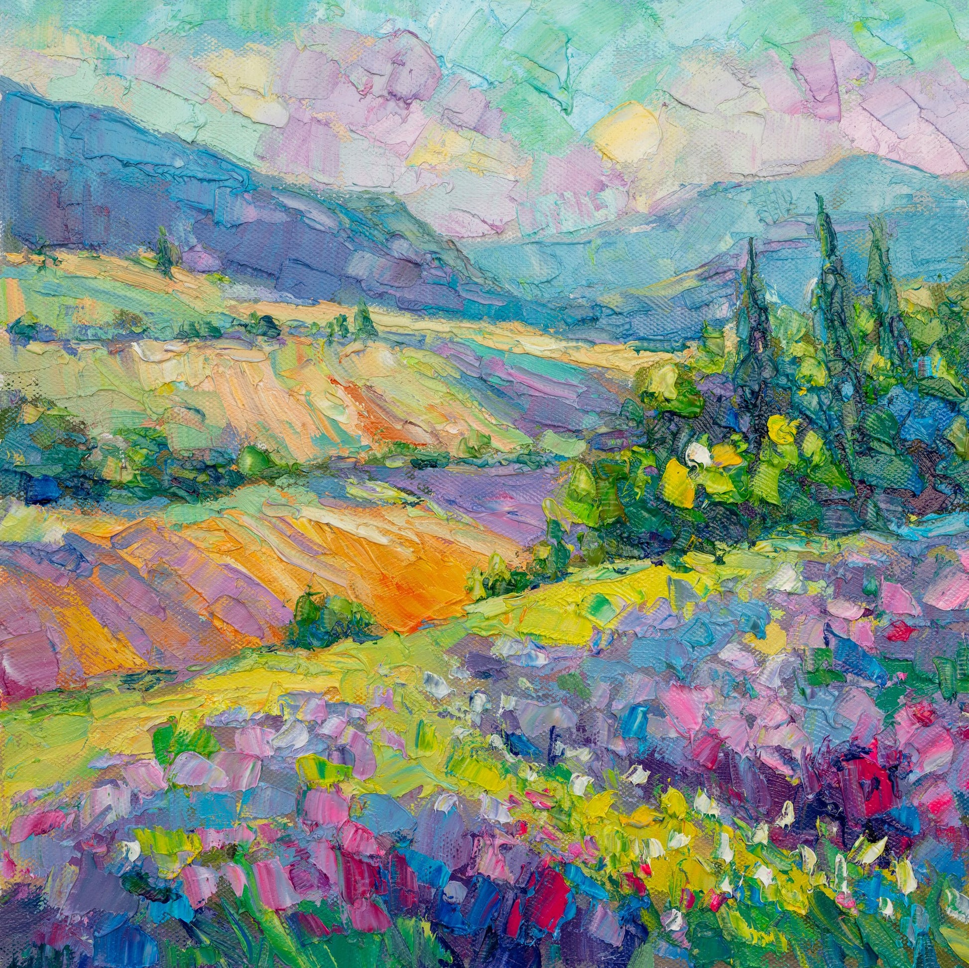 Vibrant oil painting of a pastoral landscape with rolling hills, colorful fields, and distant mountains, unframed on canvas, rich textured brushwork in greens, blues, and yellows